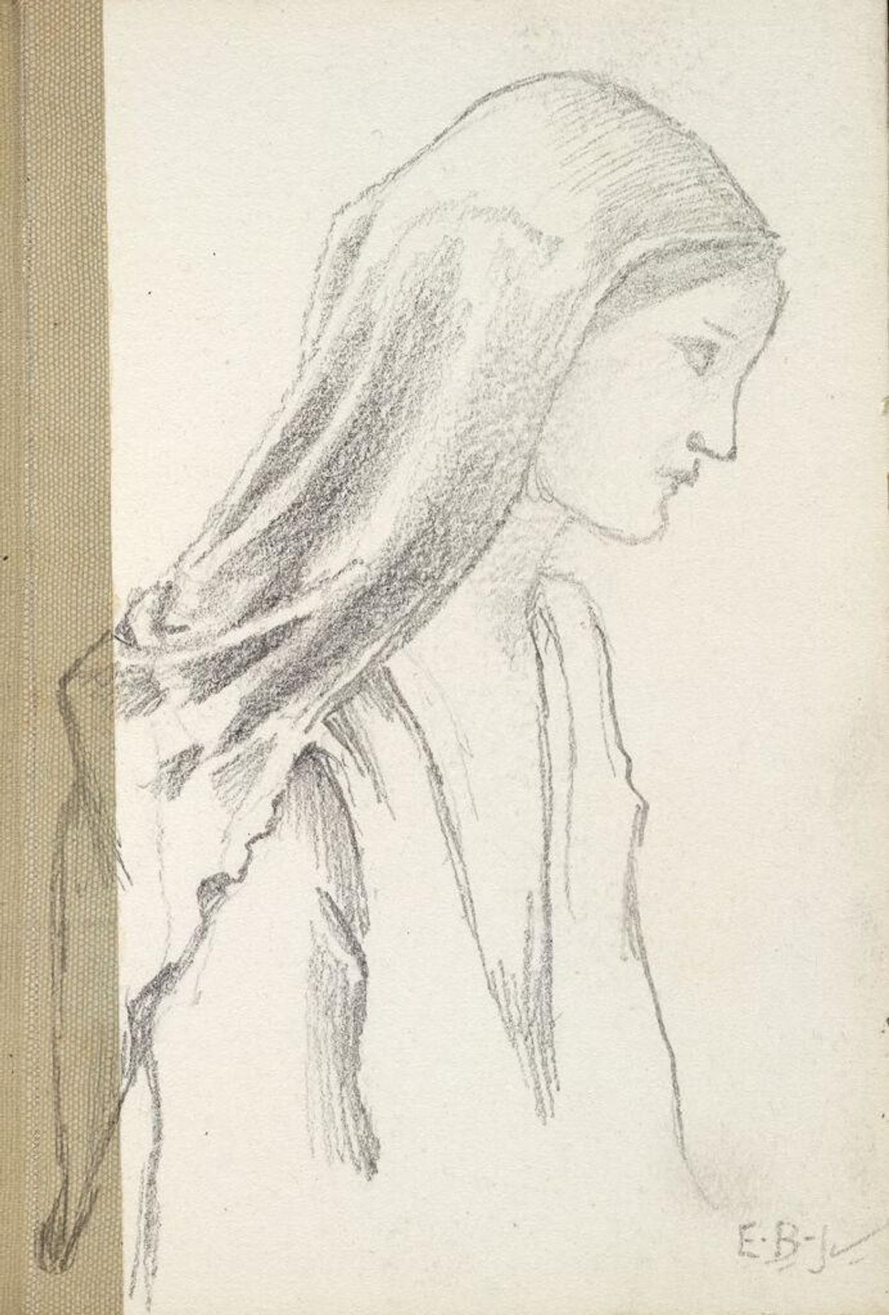 Female Figure with Draped Head; verso: blank page by Edward Burne-Jones