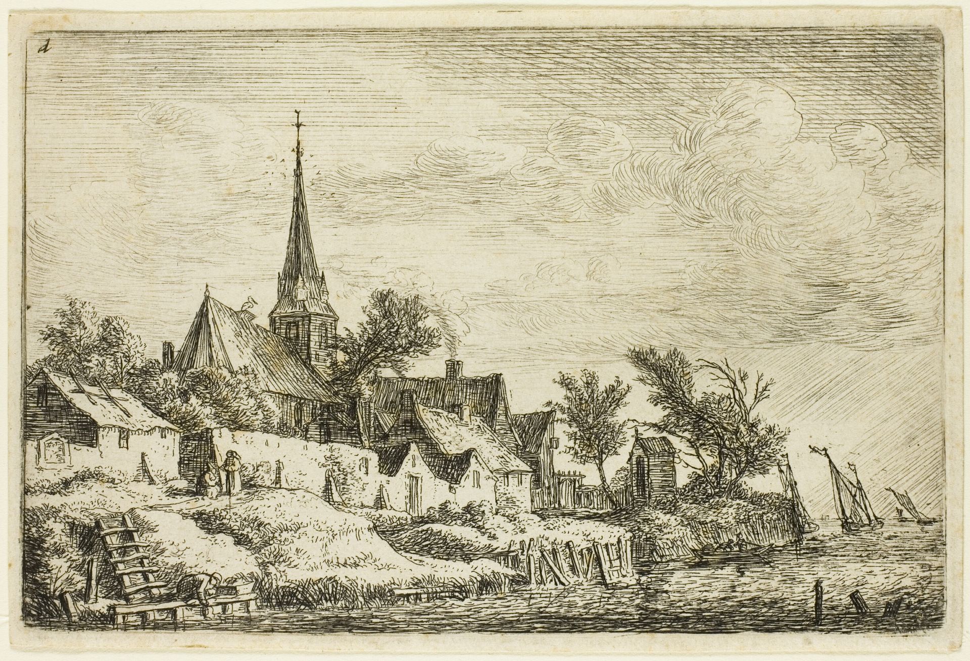The Steeple in the Village by the Sea by Anthonie Waterloo