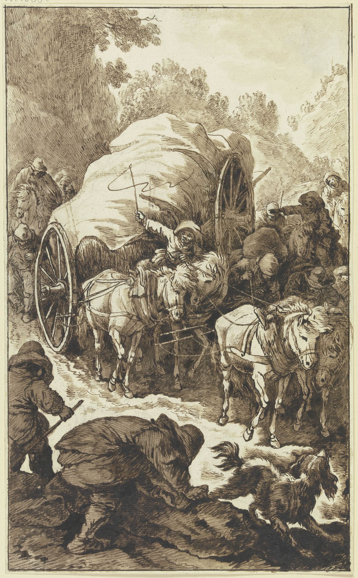 Ein hochbepackter, von vier Pferden gezogener Wagen kommt einen Gebirgsweg herab by Johann Albrecht Dietzsch