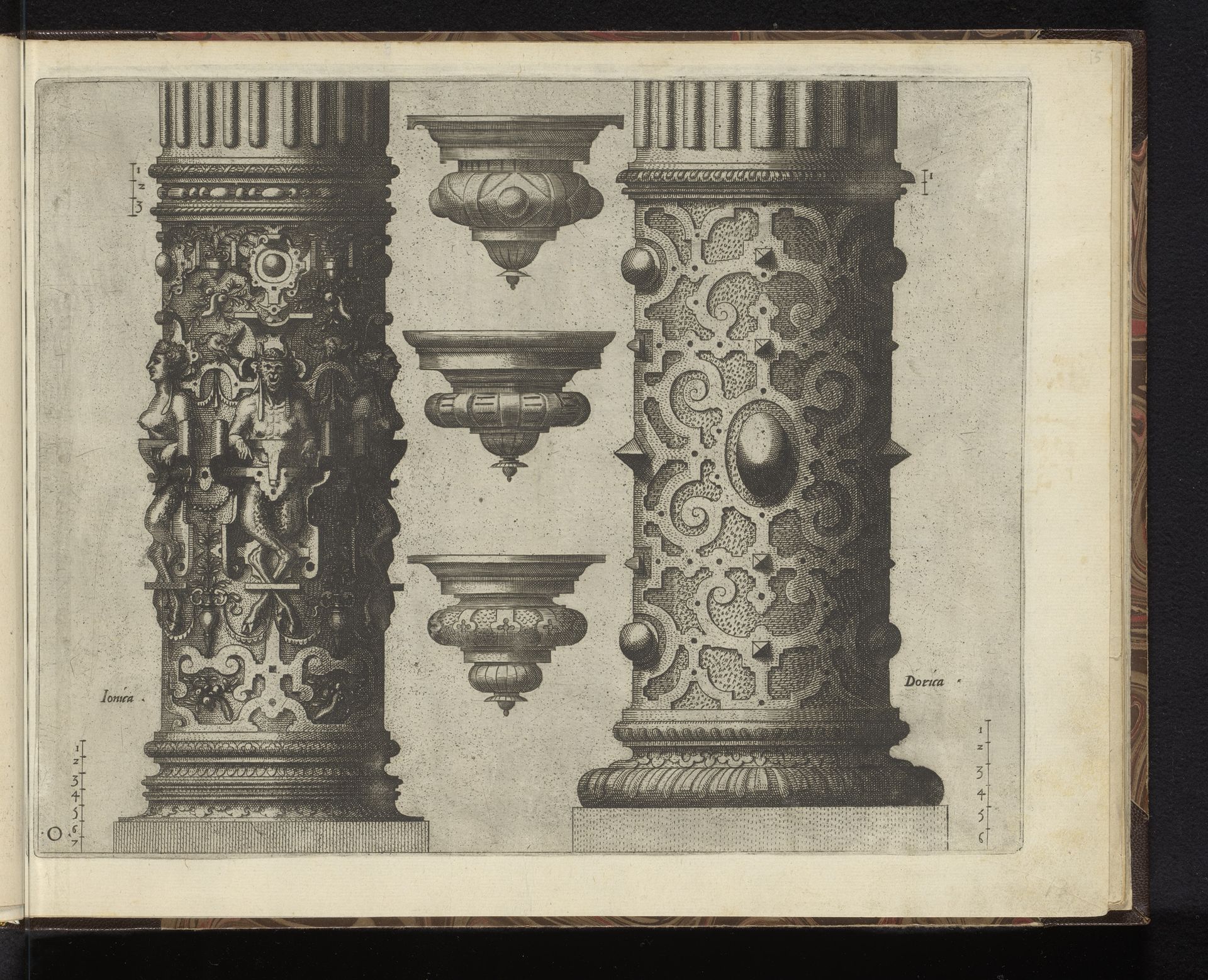 Twee 'columnae caelatae' en drie consoles by Johannes of Lucas van Doetechum