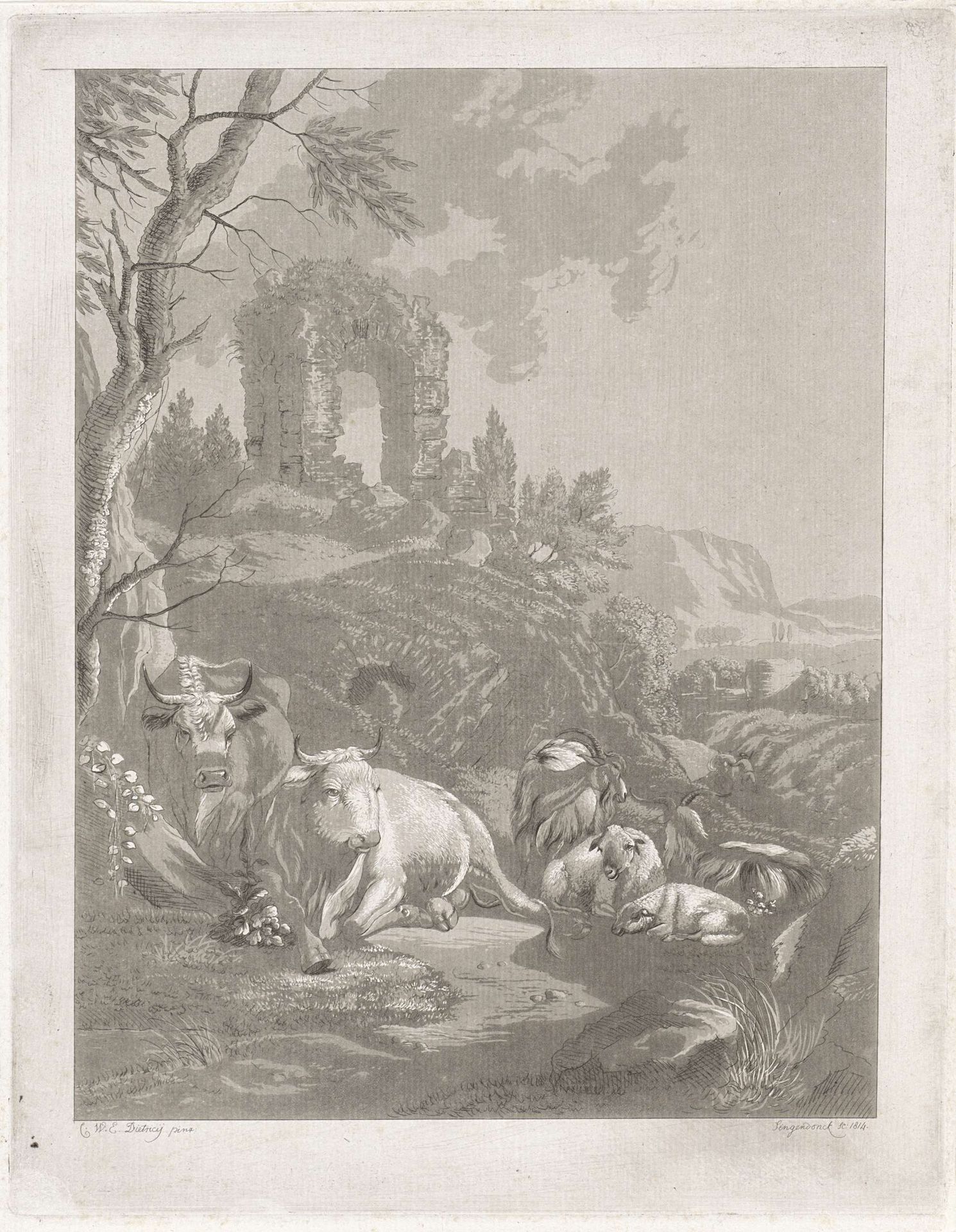 Koeien, geiten en schapen in een bergachtig landschap met ruïne by Diederik Jan Singendonck