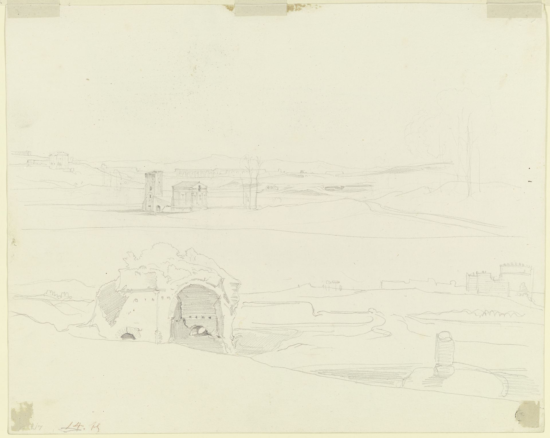 Oben römische Campagna mit Brückengebäude, unten Blick von der Grotte der Egeria zum Grabmal der Cecilia Metella an der Via Appia by Ernst Fries