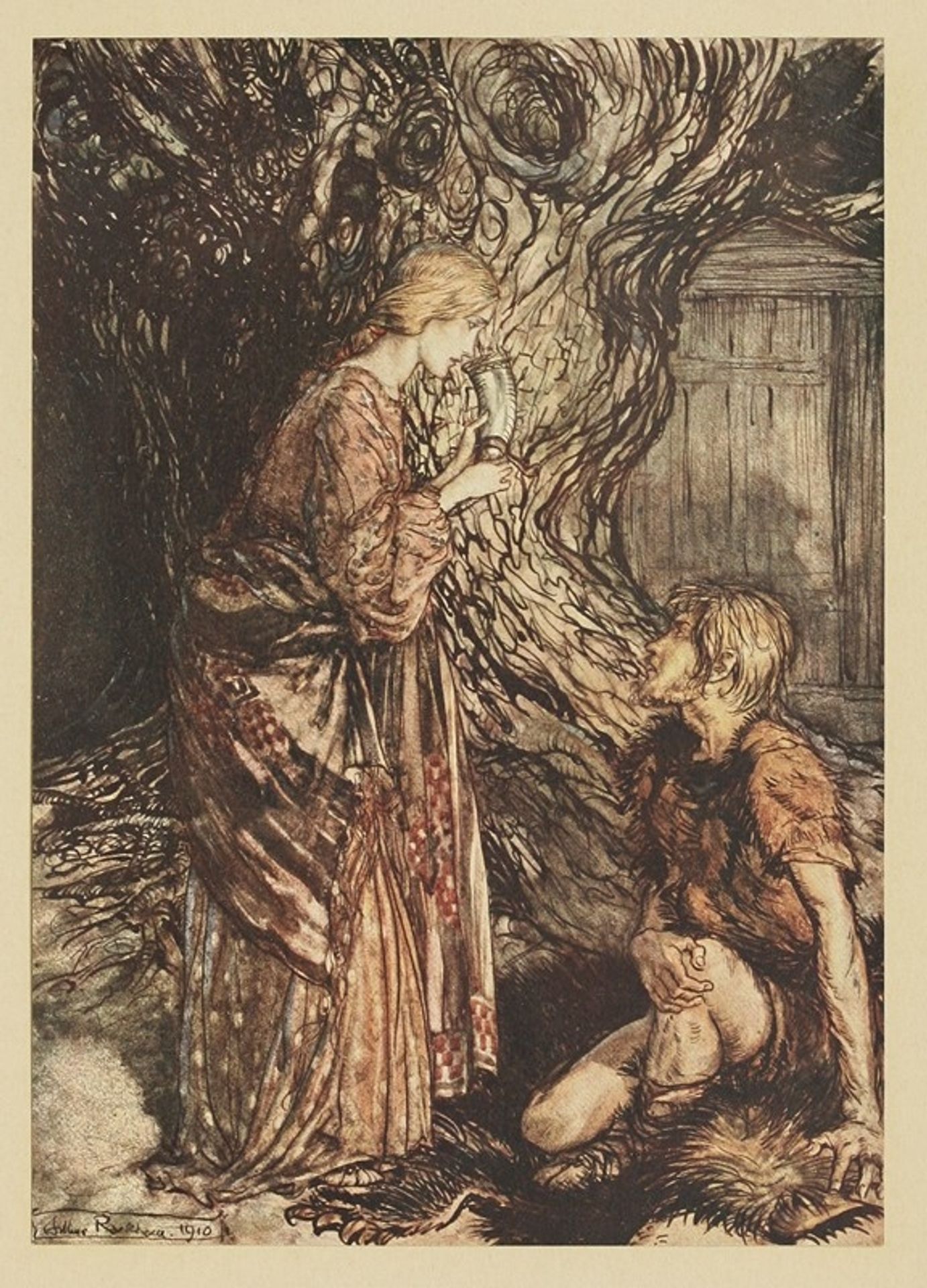 ‘This healing and honeyed draught of mead,deign to accept from me. Set it first to thy lips’ by Arthur Rackham