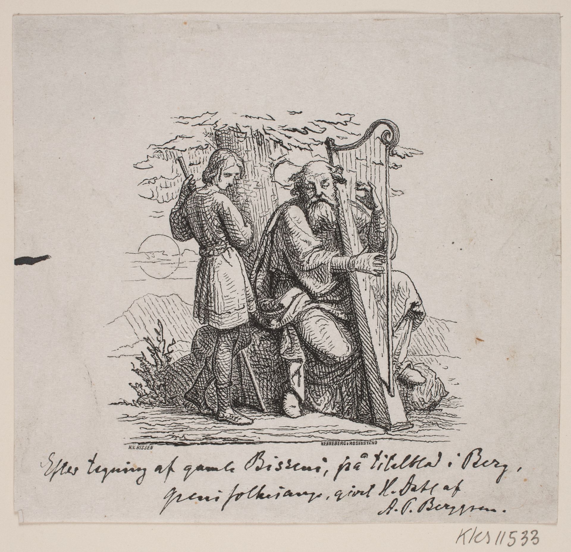 En gammel harpespiller og en dreng under et træ. by Johan Frederik Rosenstand