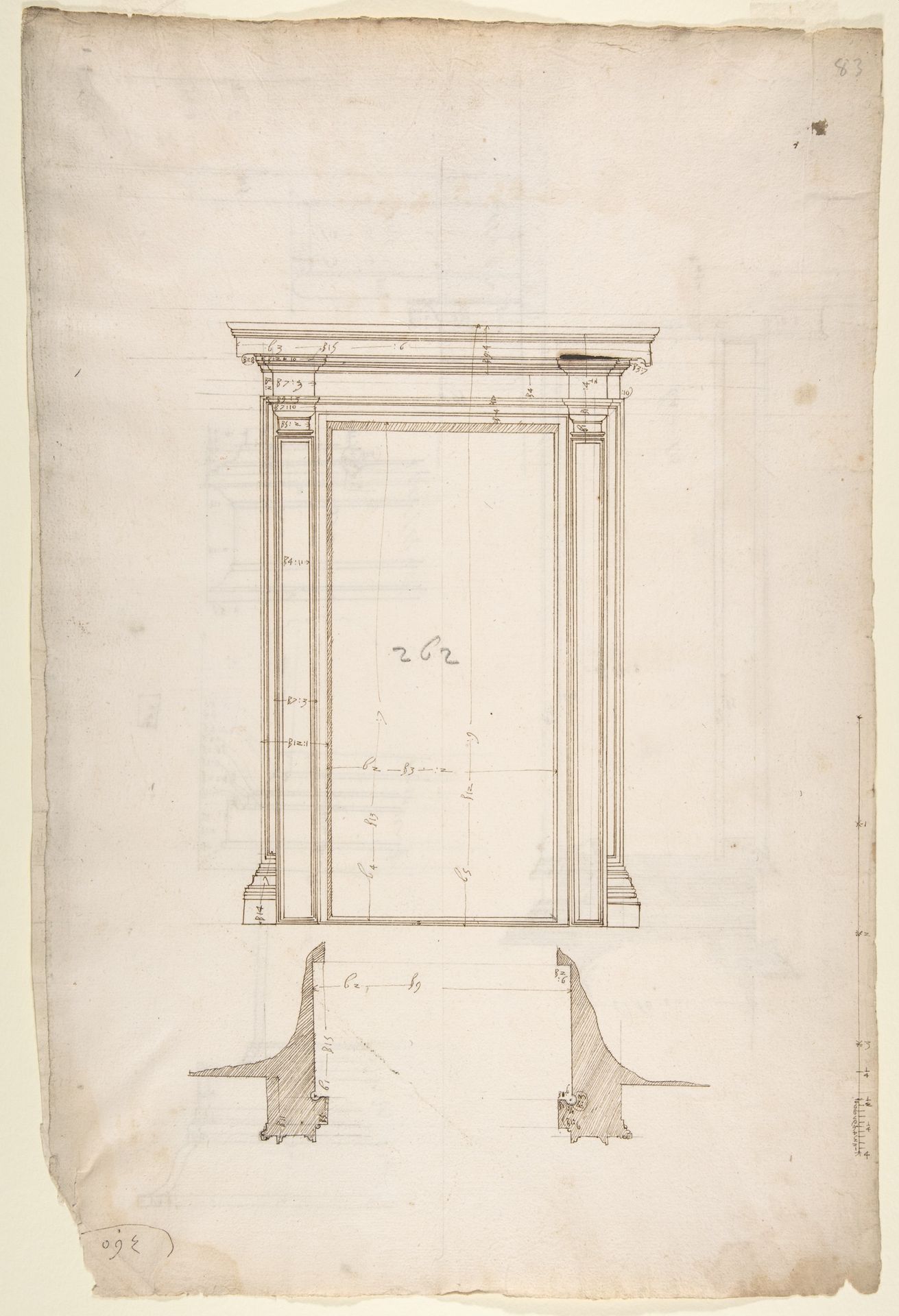 San Lorenzo, Library, Ricetto, portal from cloister, elevation; plan (recto) San Lorenzo, Library, Ricetto, portal from cloister, section; details (verso) by Anonymous