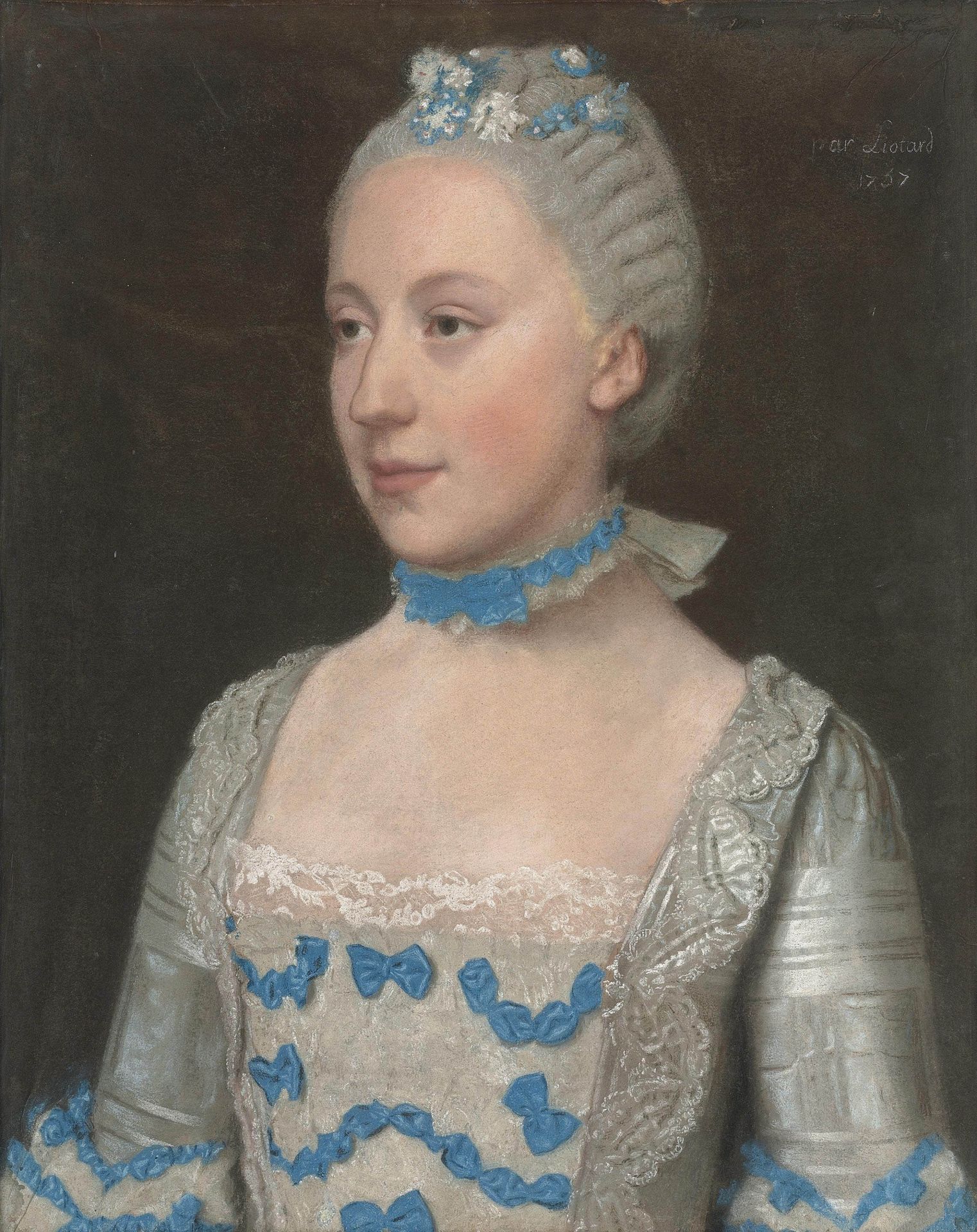 Portrait of Madame Saint Pol, Half-length, in a Light Blue Gown Trimmed with Blue Silk Bows and White Lace by Jean-Étienne Liotard