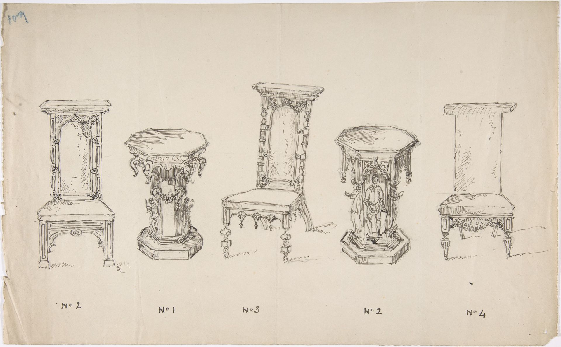 Design for Three Low Chairs and Two Pedestal Tables by Anonymous