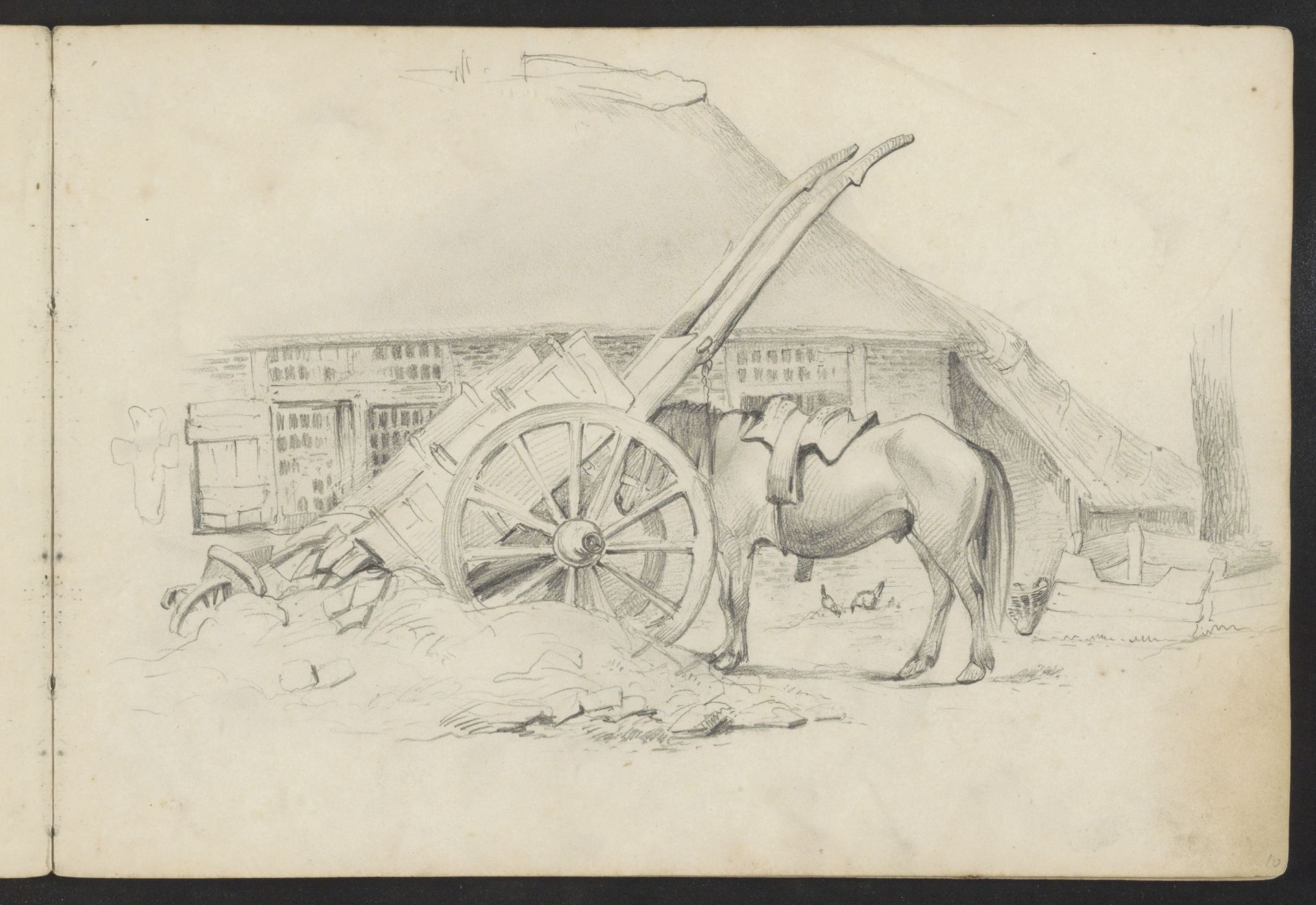 Boerenerf met een paard en een gekantelde handkar by Johannes Tavenraat