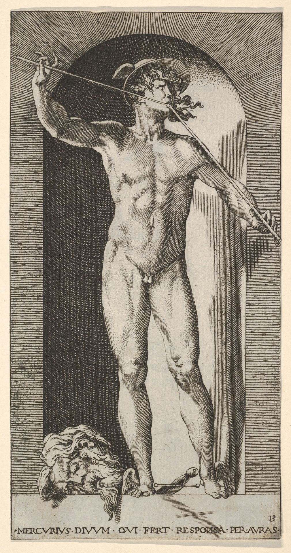 Plate 14: Mercury standing in a niche playing his pipes, with the severed head of an old man and a sword at his feet, from "Mythological Gods and Goddesses" by Giovanni Jacopo Caraglio