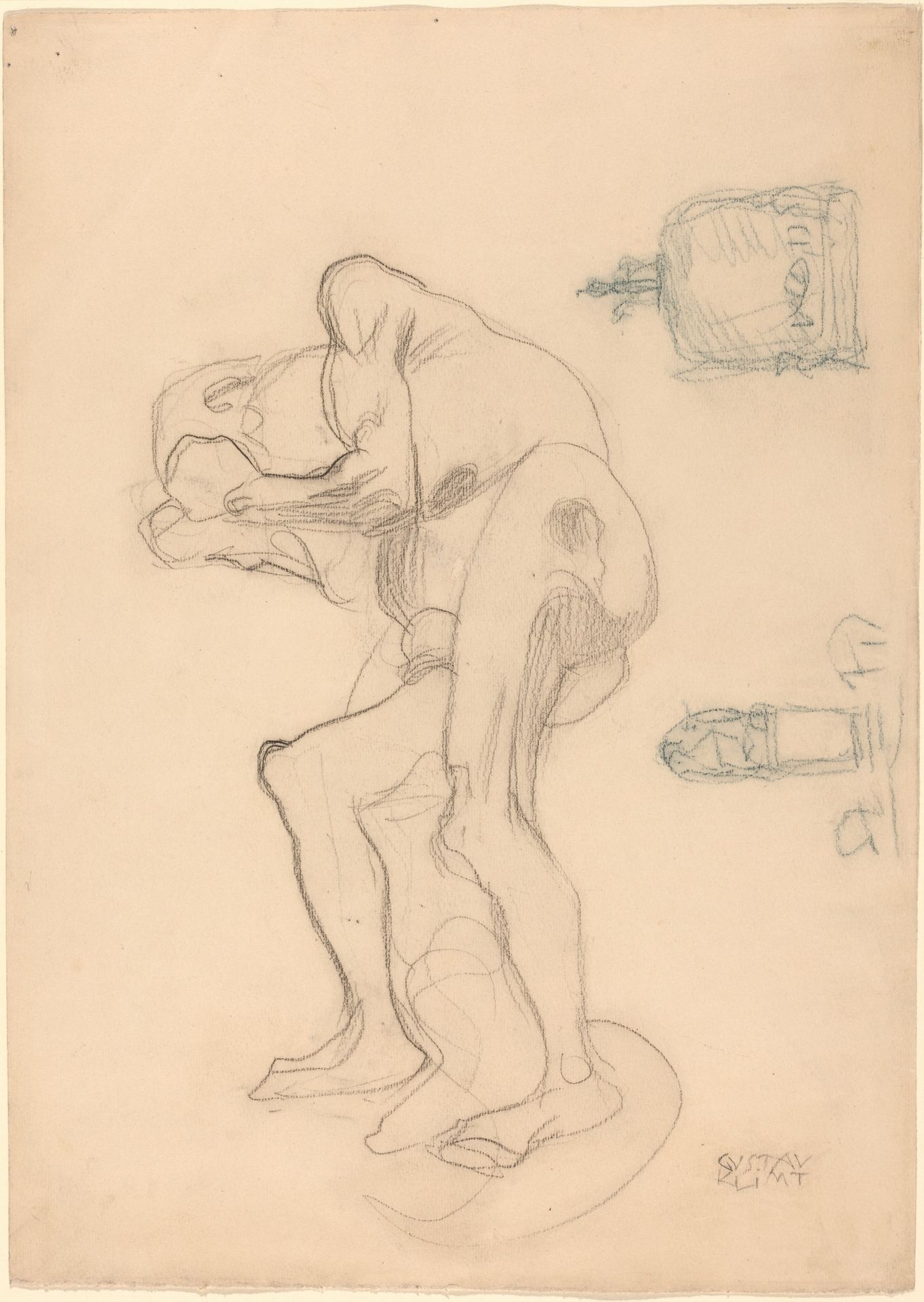 Study of a Nude Old Woman Clenching Her Fists, and Two Decorative Objects by Gustav Klimt