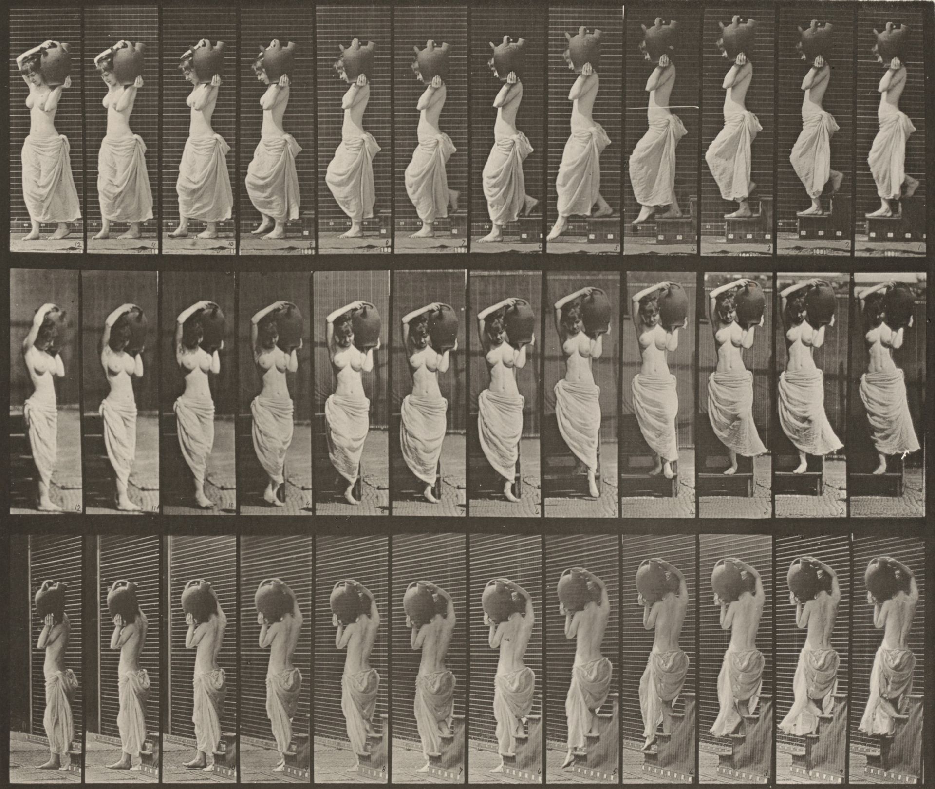 Plate Number 146. Descending stairs and turning, a water jar on left shoulder by Eadweard Muybridge