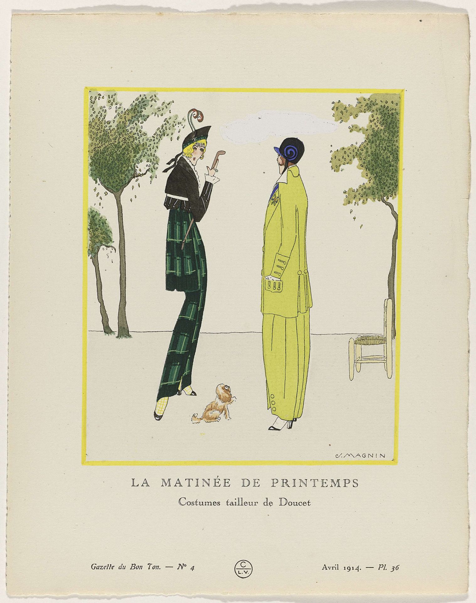 Gazette du Bon Ton, 1914 - No. 4, Pl. 36: La Matinée de printemps / Costumes tailleur de Doucet by J. Magnin