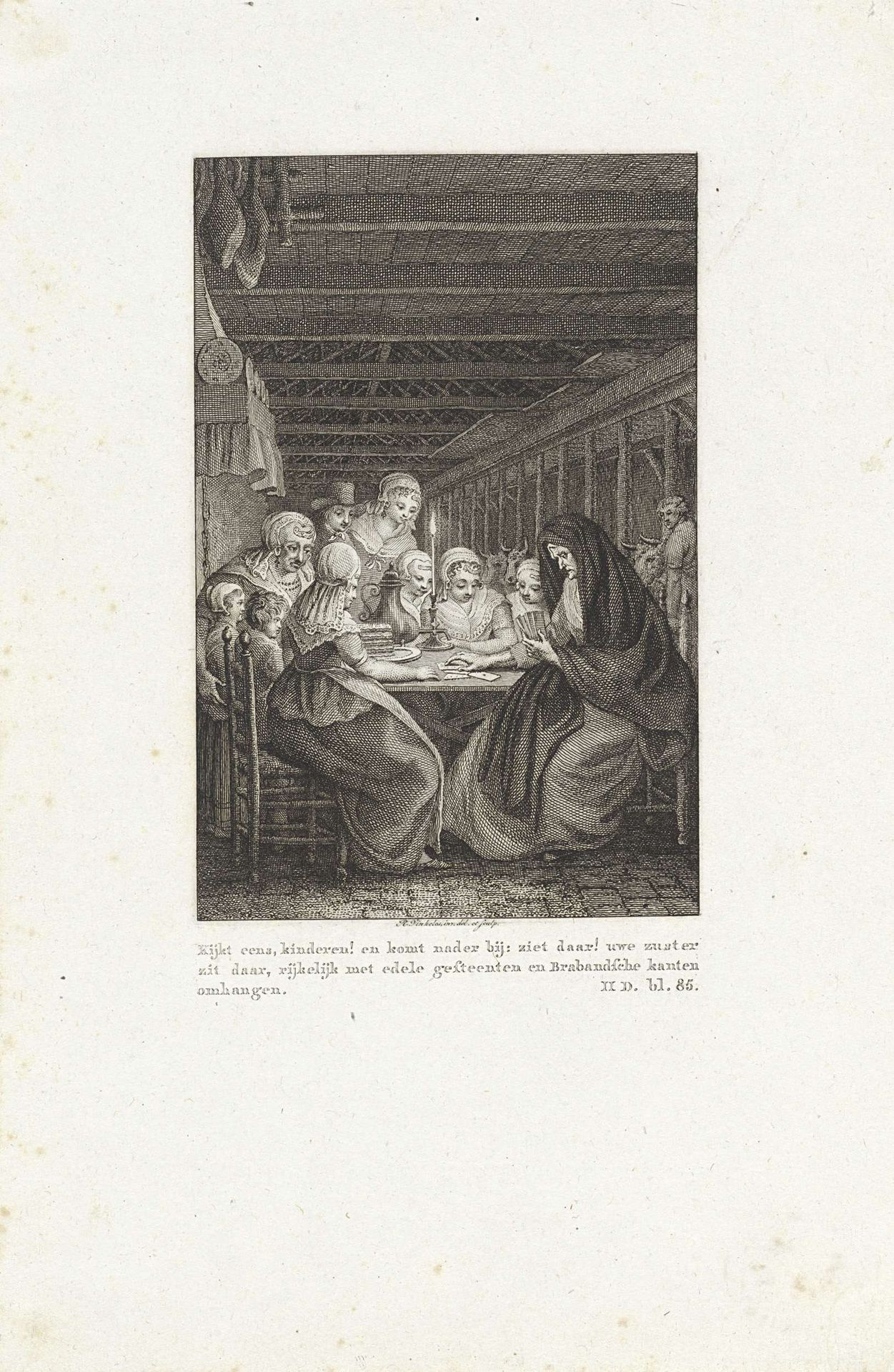 Kaartende vrouwen rond een tafel in klederdracht by Reinier Vinkeles