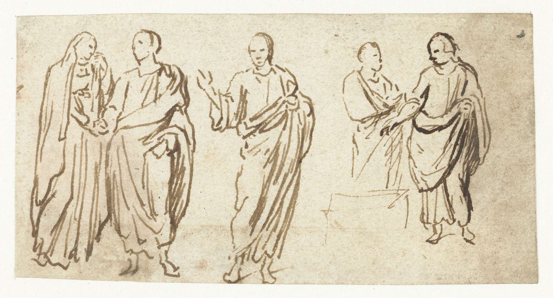 Vijf figuren in toga's nemen afscheid by Lambert Lombard