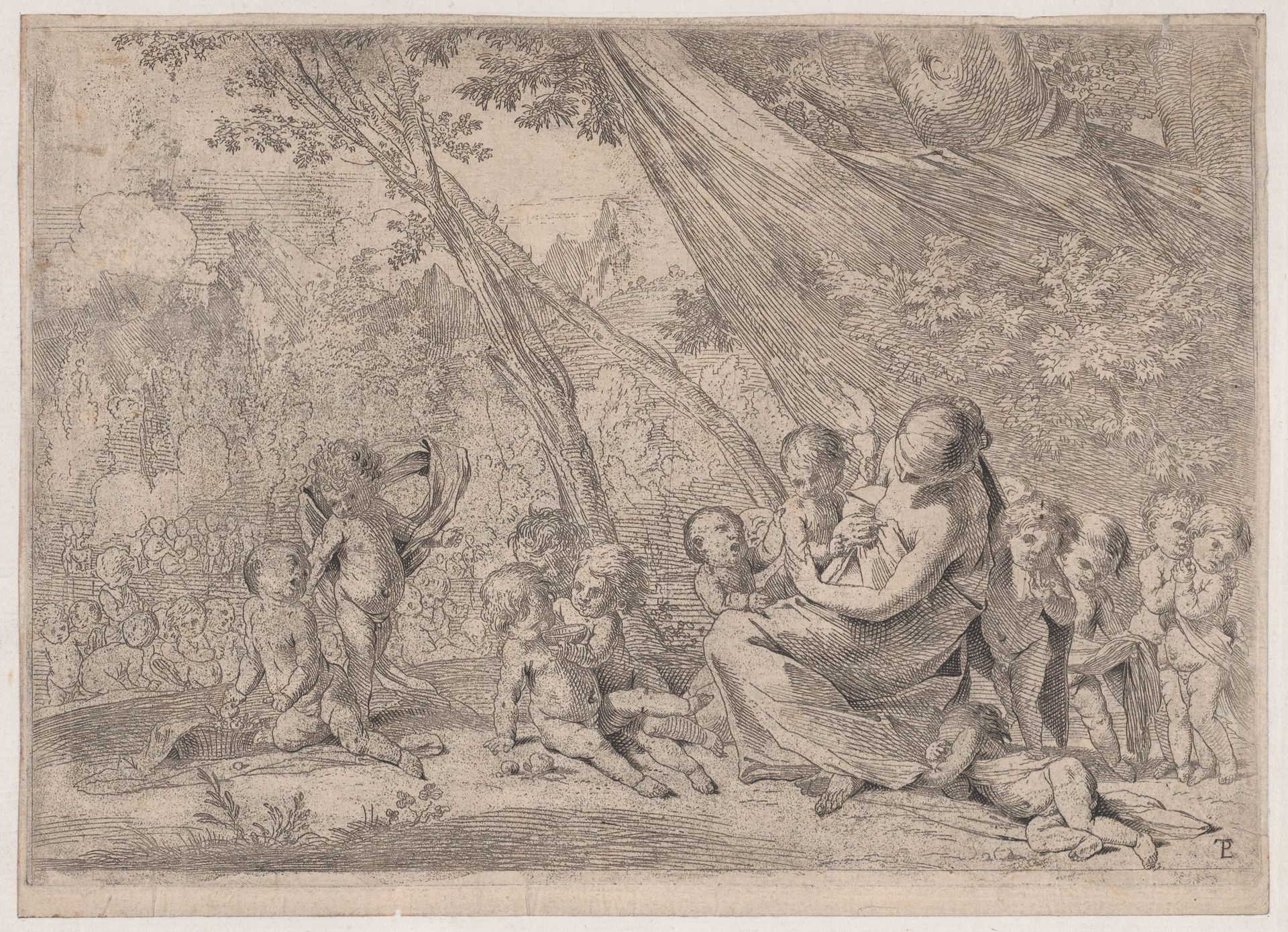 The garden of charity, woman representing Charity at right surrounded by children by Pietro Testa
