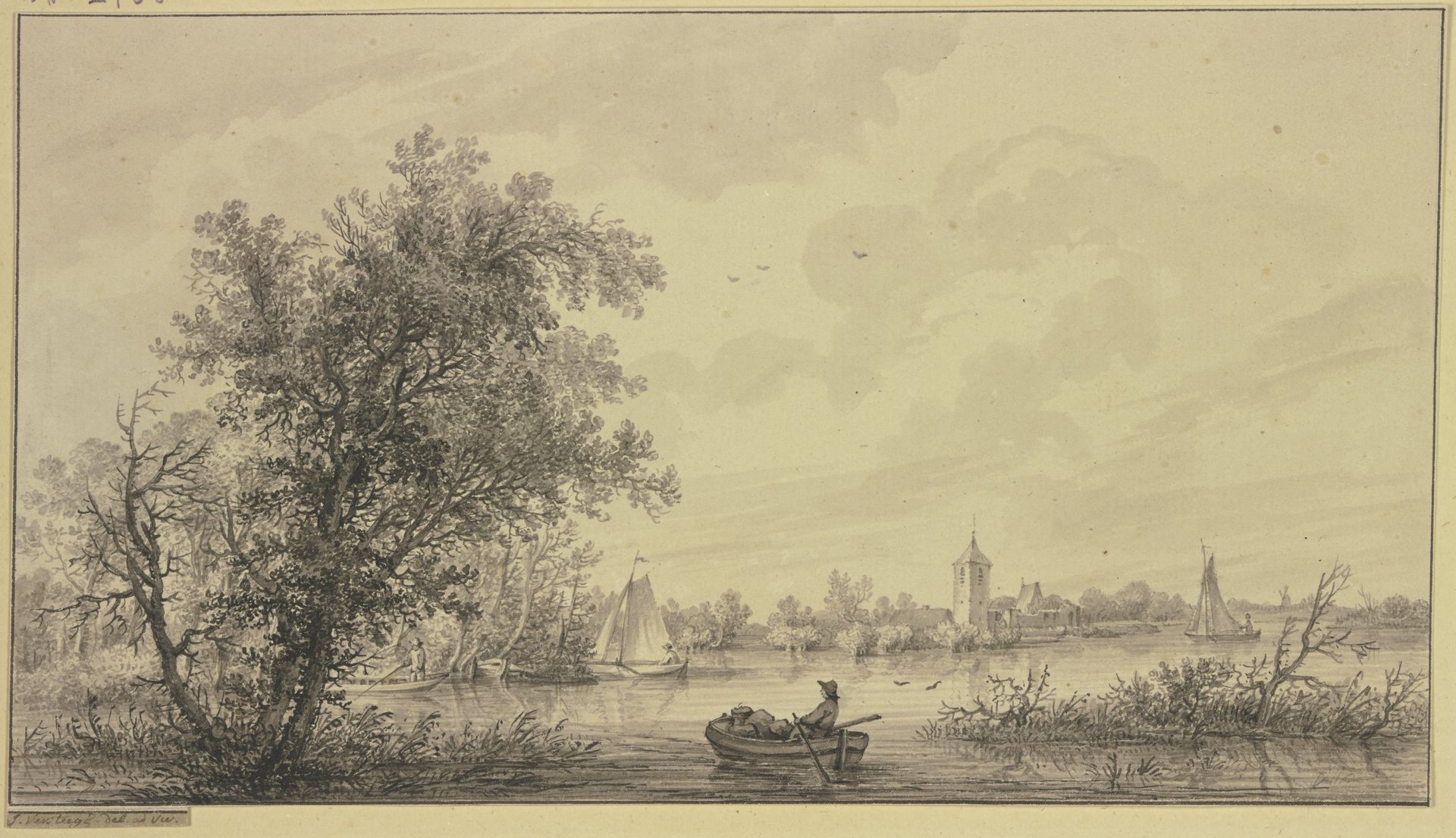 An einem von Bäumen begrenzten Fluß ein Dorf mit Turm, mehrere Segel- und Ruderboote by Jakob Versteegs