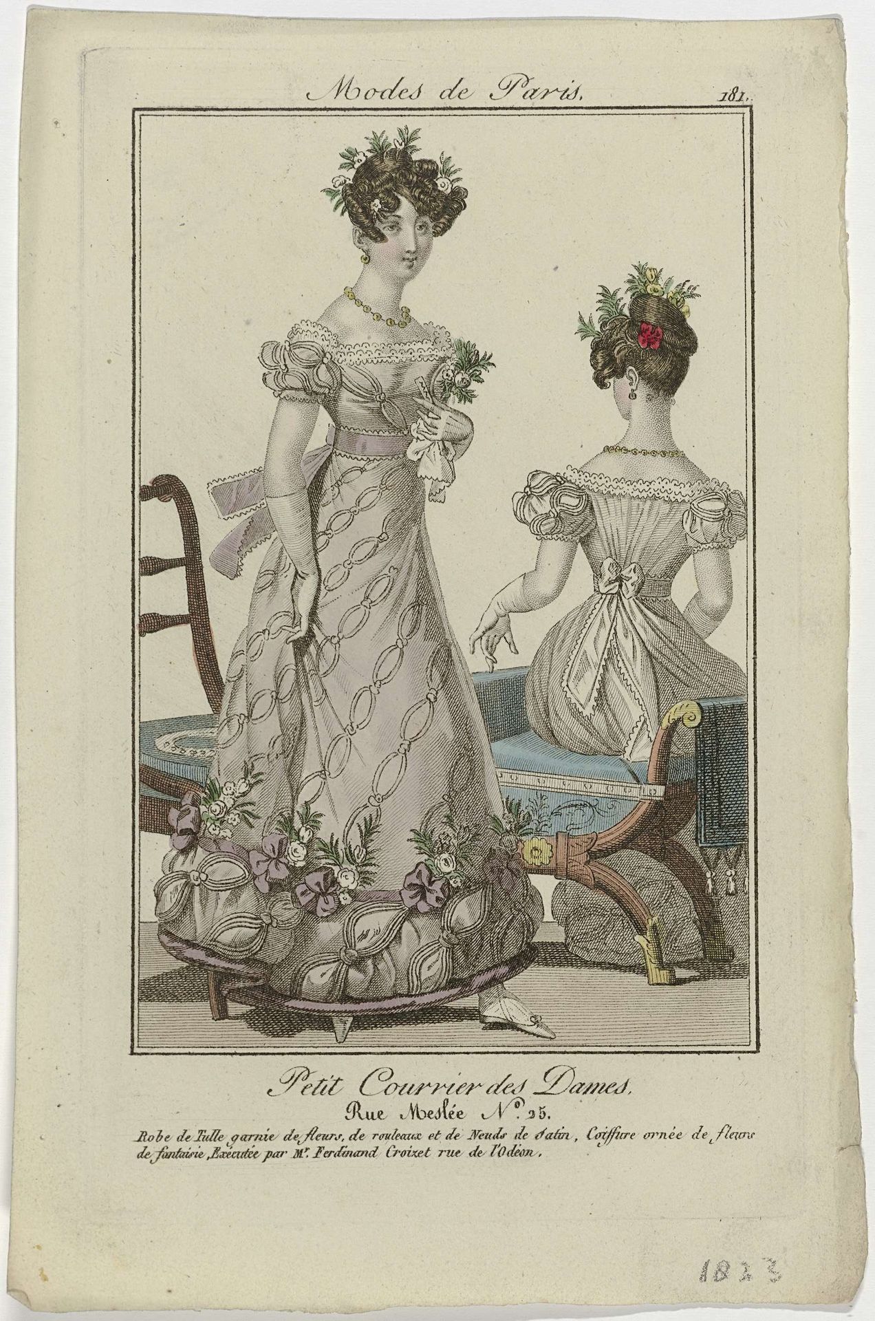Petit Courrier des Dames, 1823, No. 181 : Robe de Tulle garnie de fleurs (...) by Anonymous