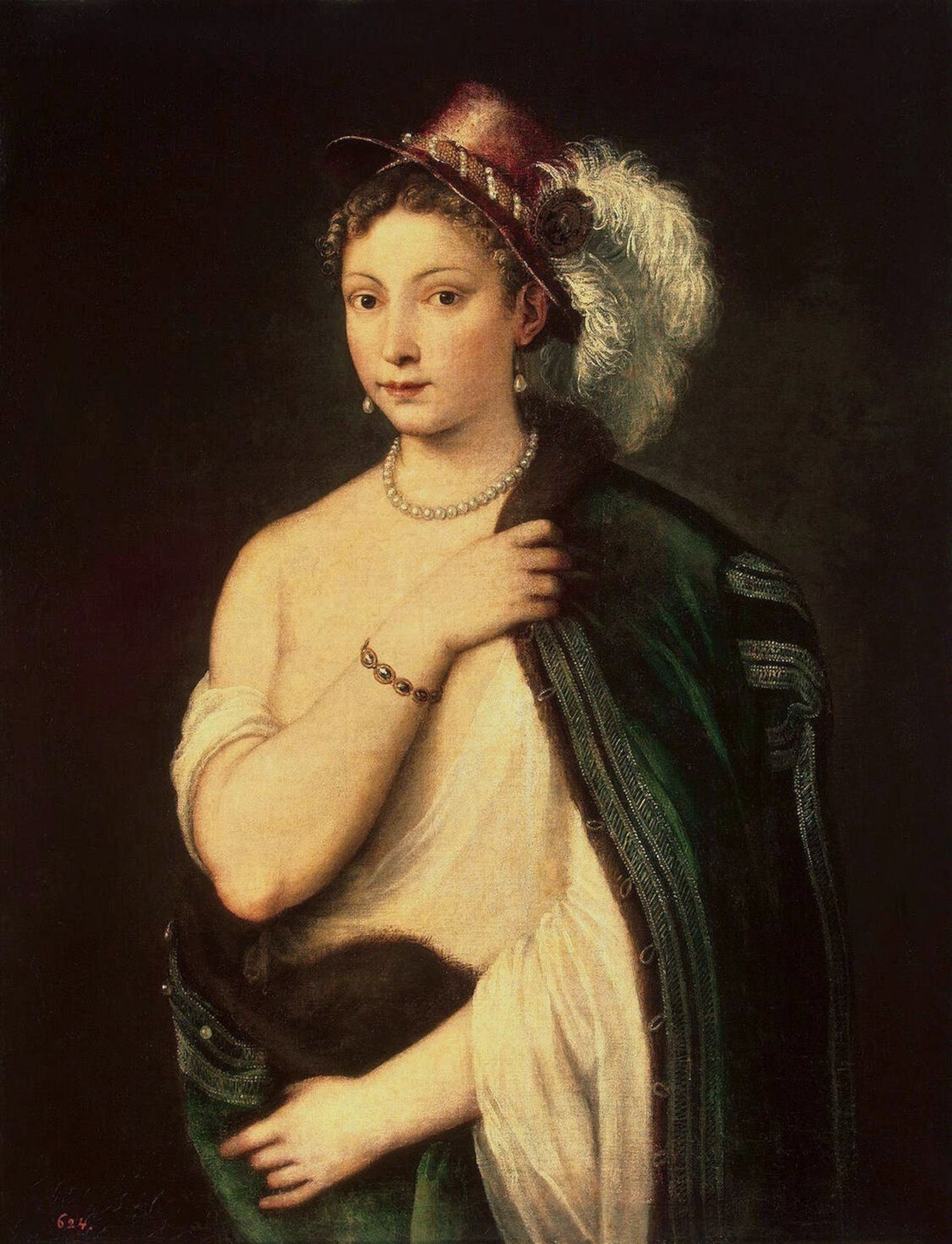 Portrait of a young woman with feather hat by Titian