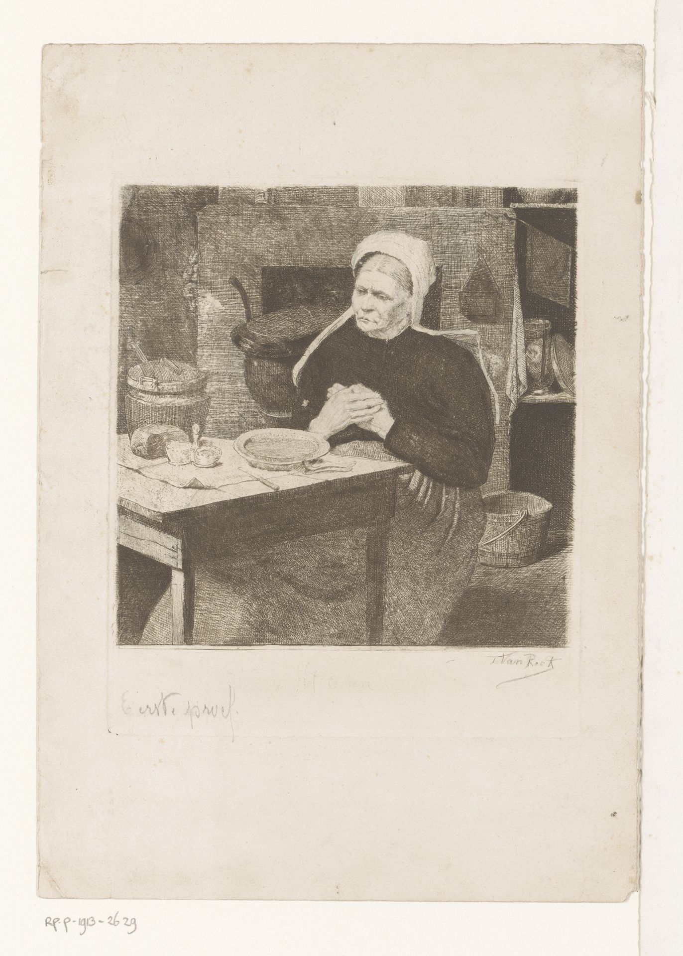 Oude vrouw gezeten aan een gedekte tafel in een keuken by T. van Riet