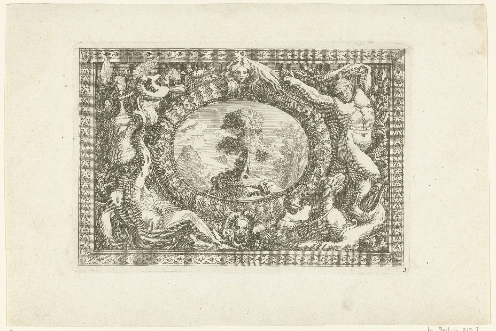 Medaillon met landschap in rechthoekige lijst by Anonymous
