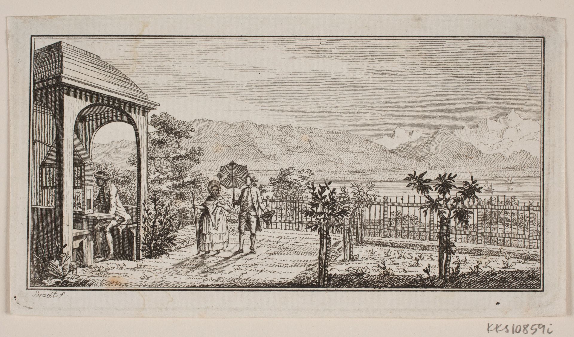 En haveterasse i Genthod med et spadserende par by J.F. Clemens