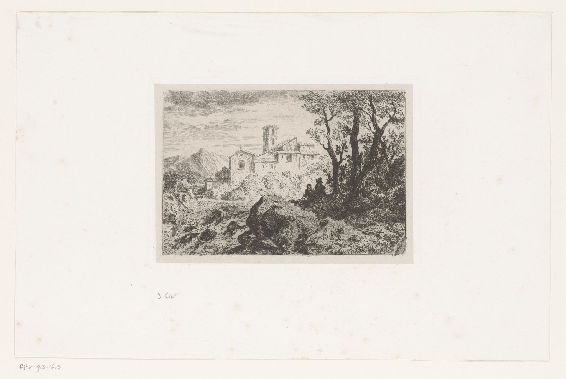 Italiaans landschap met twee figuren op een rots en een klooster op de achtergrond by Joseph Meganck