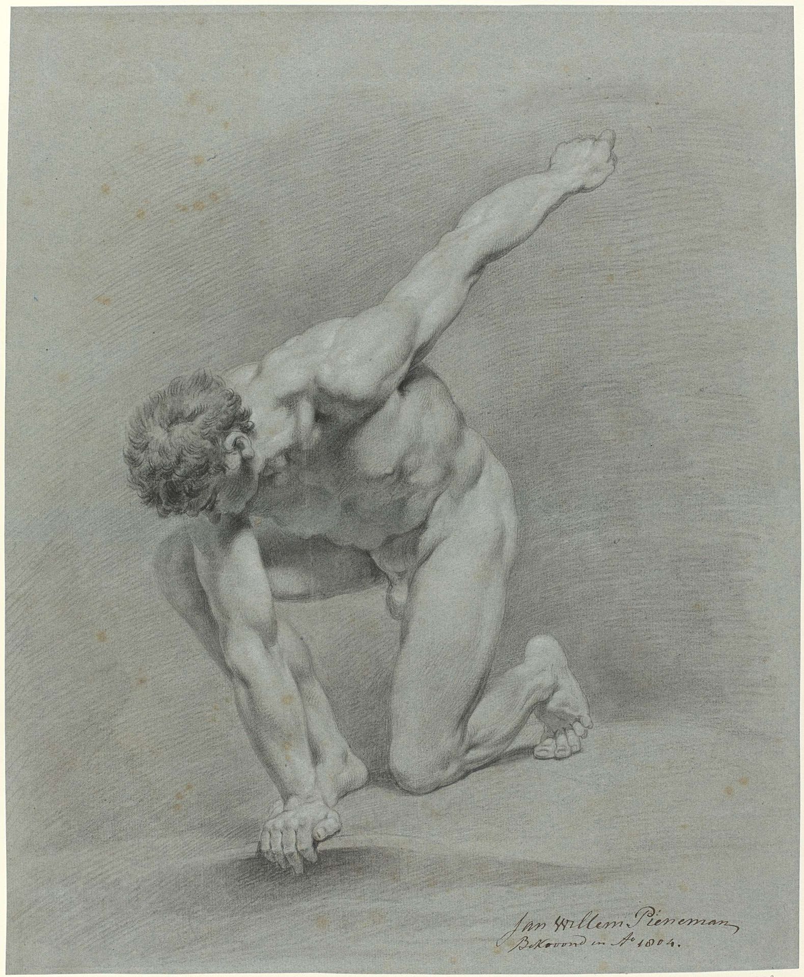 Links voorover knielend mannelijk naakt by Jan Willem Pieneman