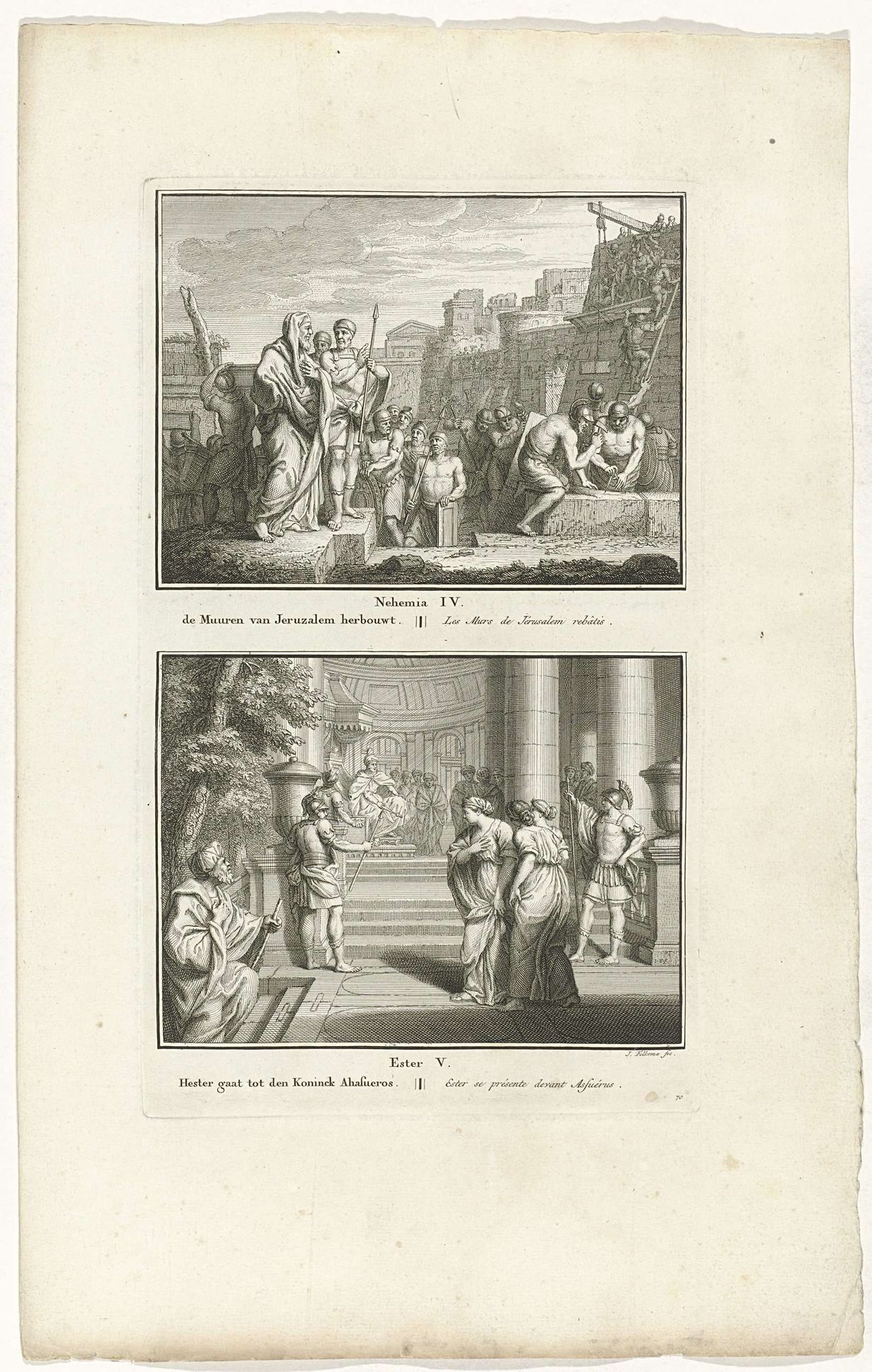 Herbouw van de muren van Jeruzalem en Esther bezoekt koning Ahasveros by Jacob Folkema
