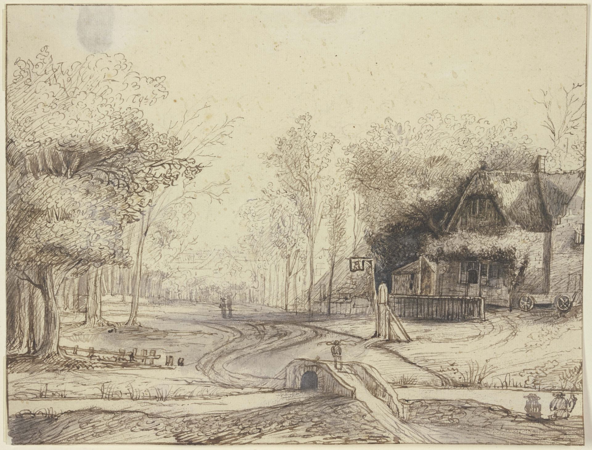 Dorfansicht, rechts ein Wirtshaus, vorne querüber ein Bach mit einer steinernen Brücke by Lambert Doomer