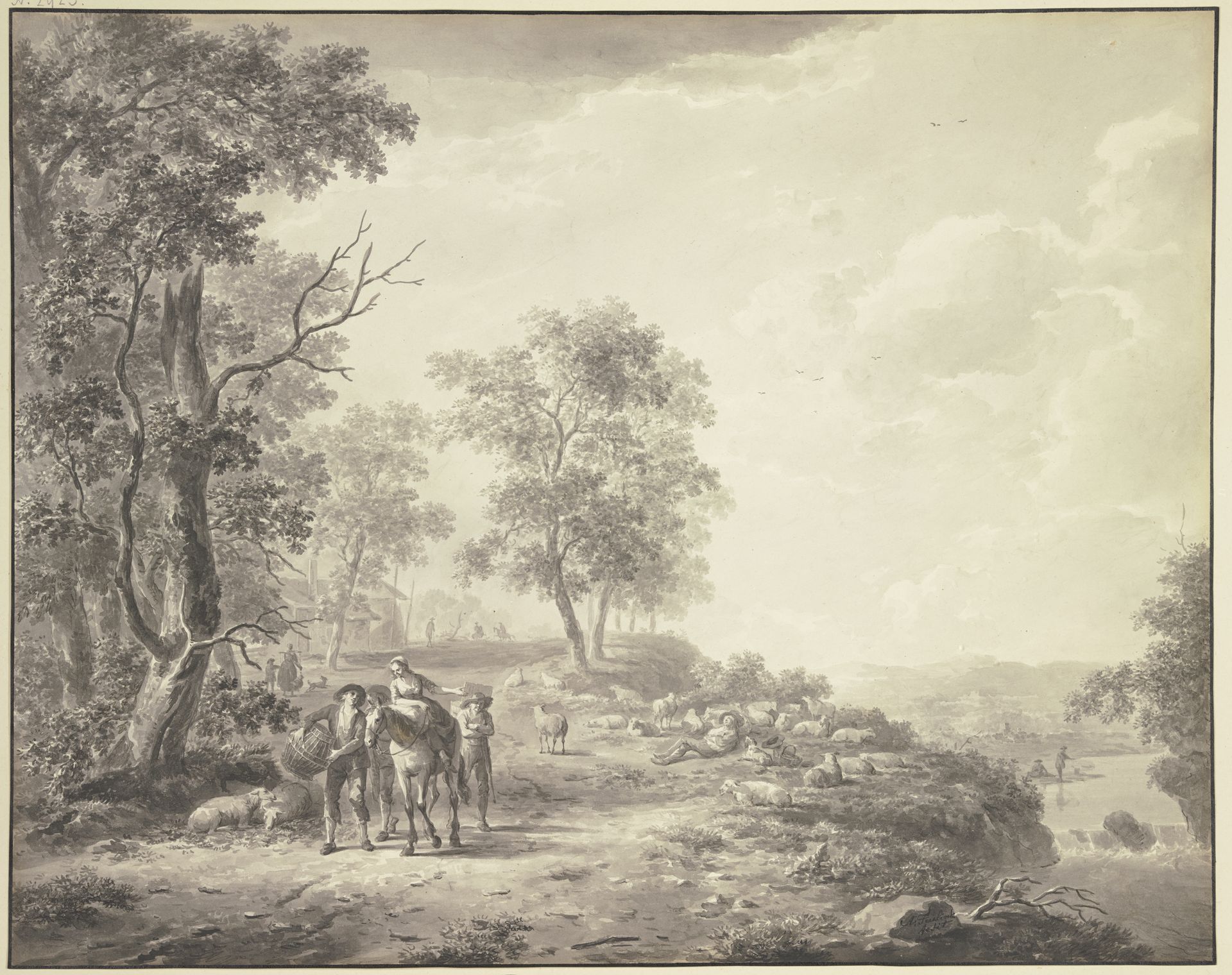 An einem Abhang ein schlafender Schäfer mit seiner Herde, weiter links eine Bäuerin zu Pferde umgeben von drei mit ihr zu Markte ziehenden Bauern by Abraham Teerlink