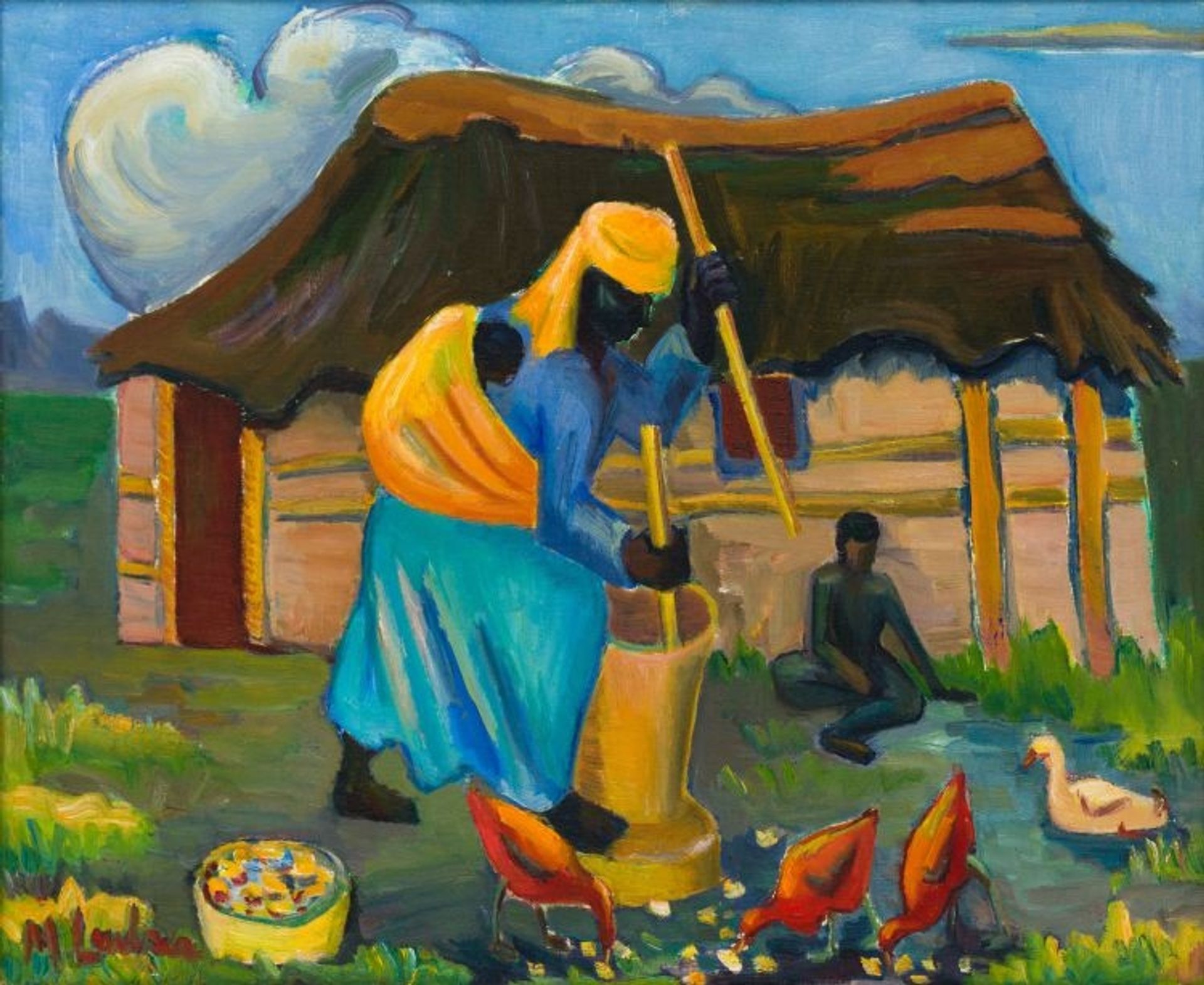Woman Stamping Mealies by Maggie Laubser