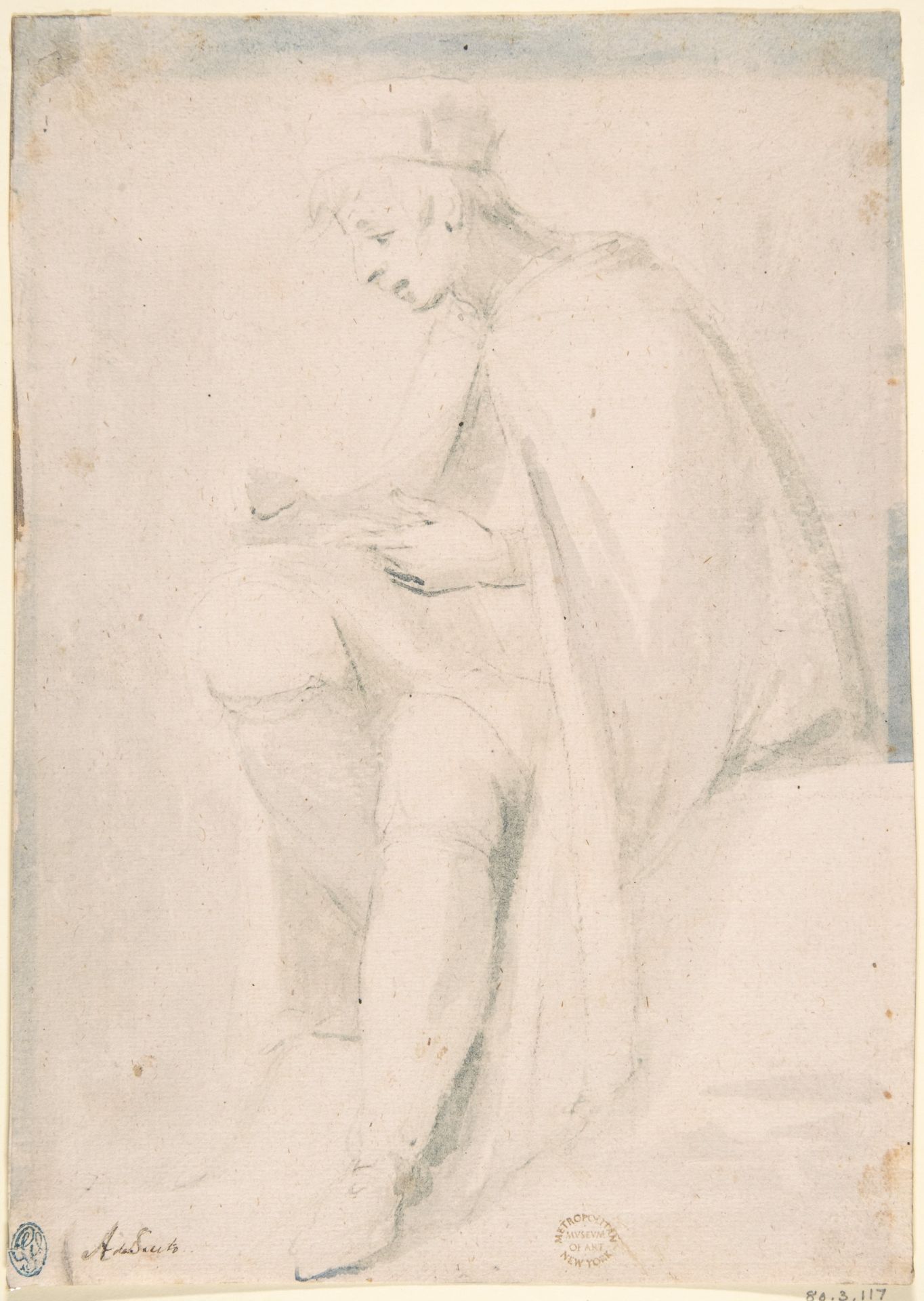 Man Seated, Writing on His Knee by Anonymous