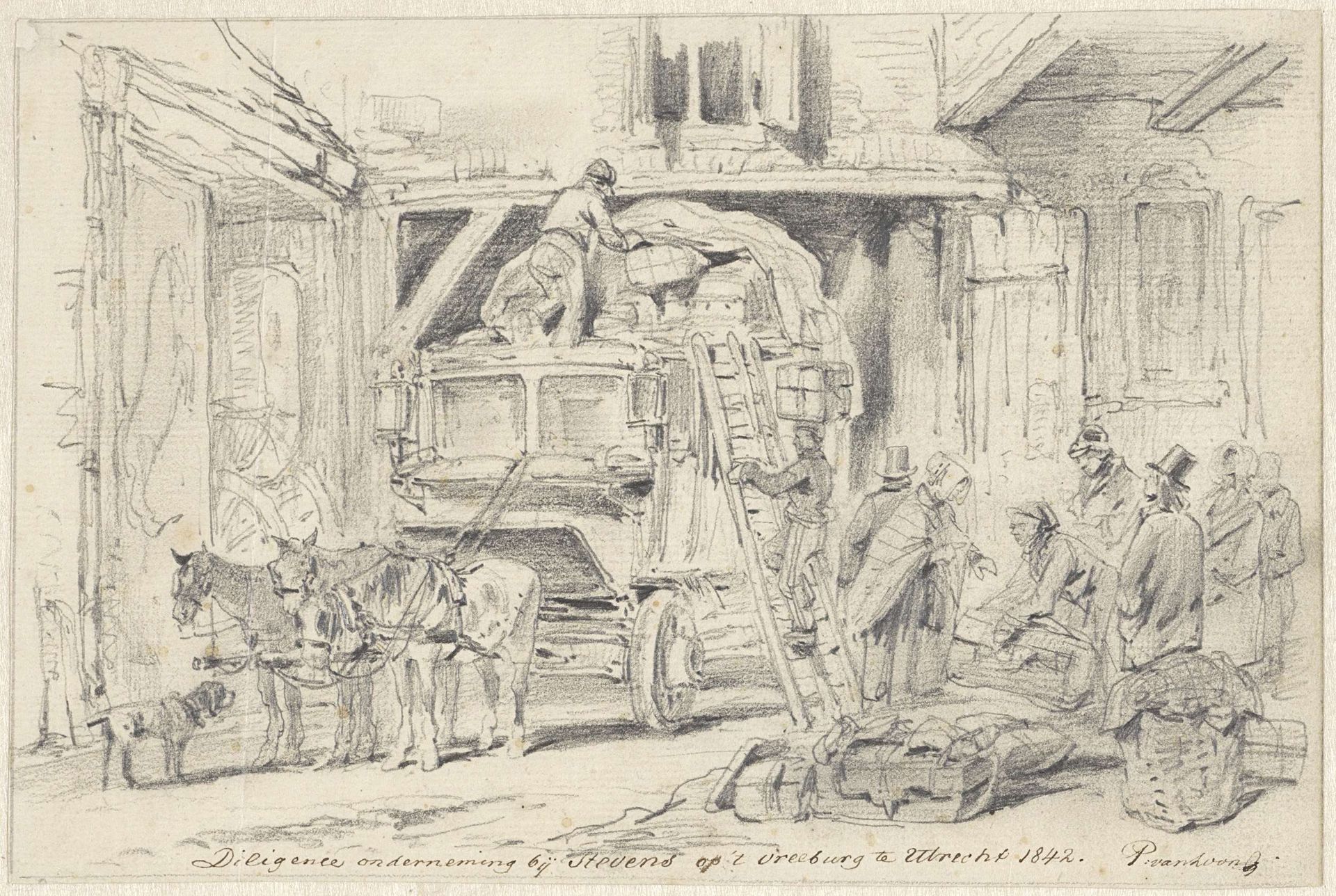 Het beladen van een postkoets by Pieter van Loon