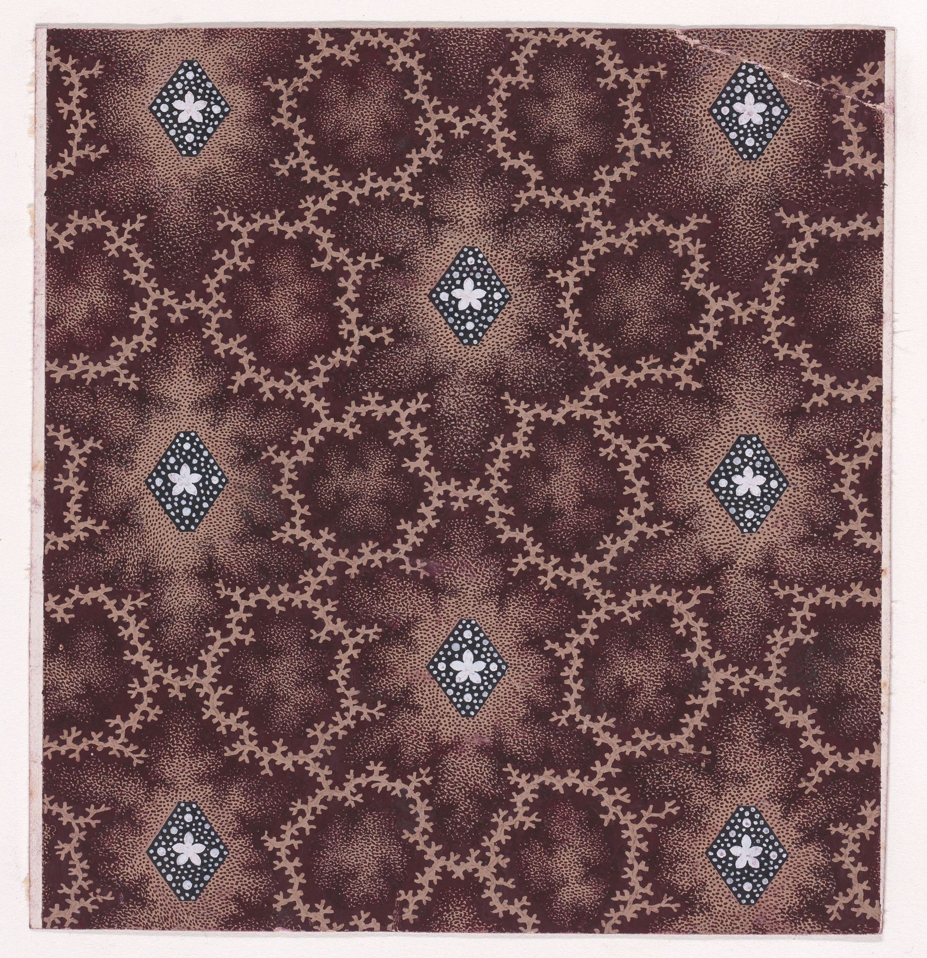 Textile Design with Alternating Vertical Rows of Lozenges Decorated with Rosettes and Pearls Framed by Interlacing Garlands of Branches by Anonymous