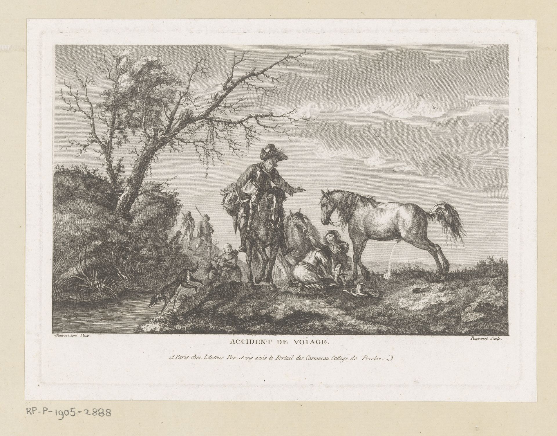 Landschap met reizend gezelschap en urinerend paard by Michel Picquenot