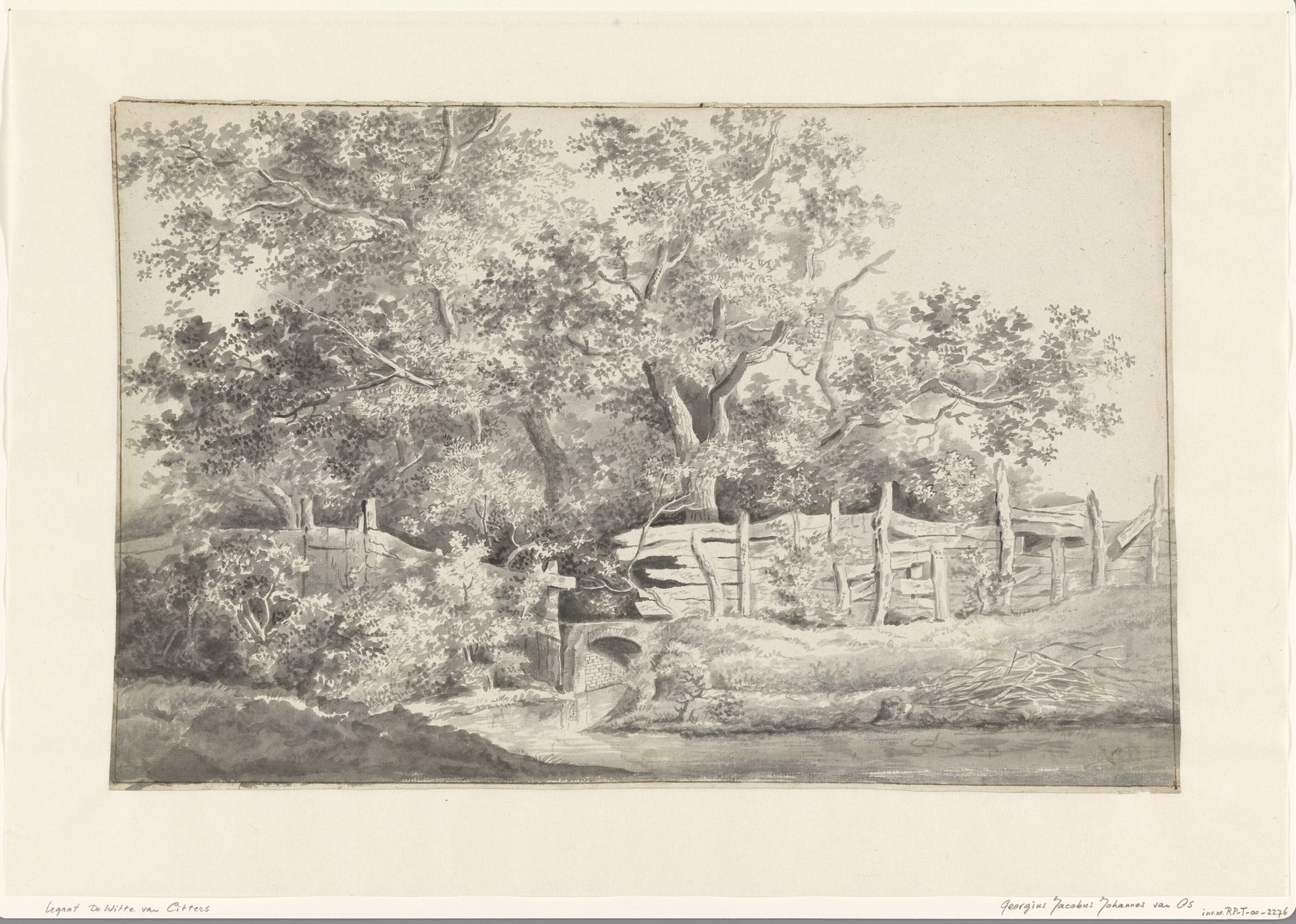 Landschap met bomen, een hek en een bruggetje by Georgius Jacobus Johannes van Os