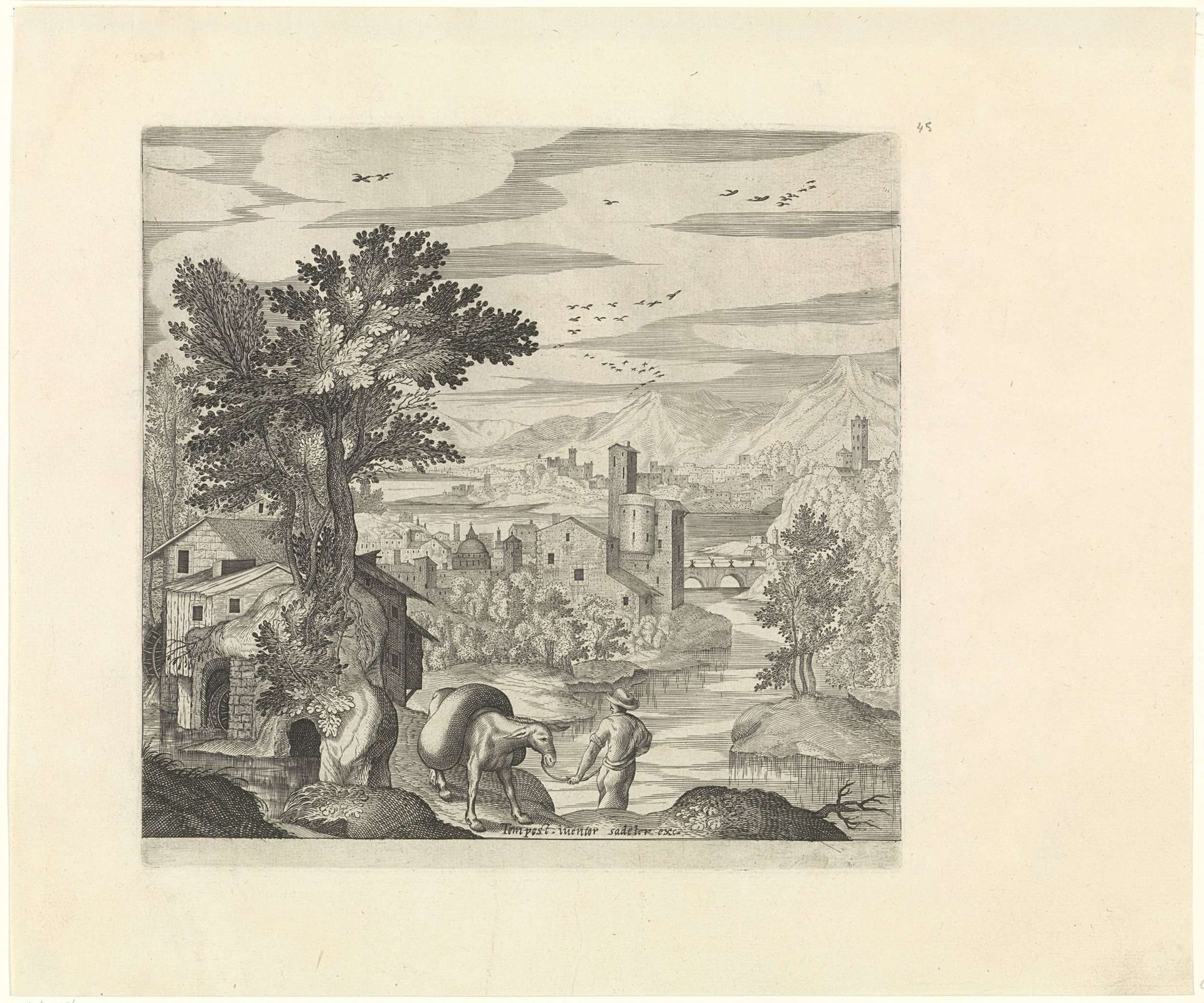 Landschap met een boer en zijn ezel by Johann Sadeler I