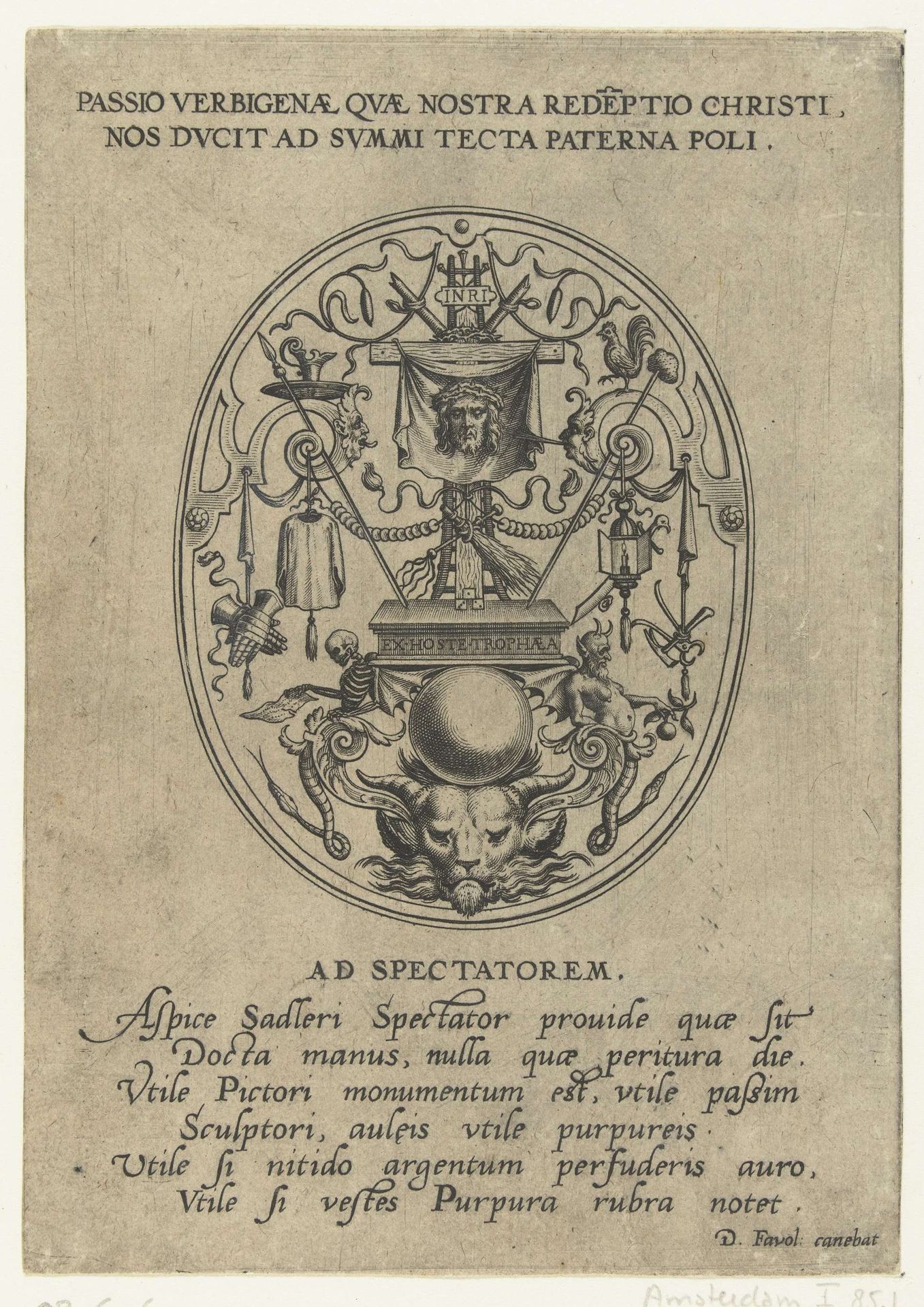 Ovaal met passiewerktuigen en grotesken by Johann Sadeler I