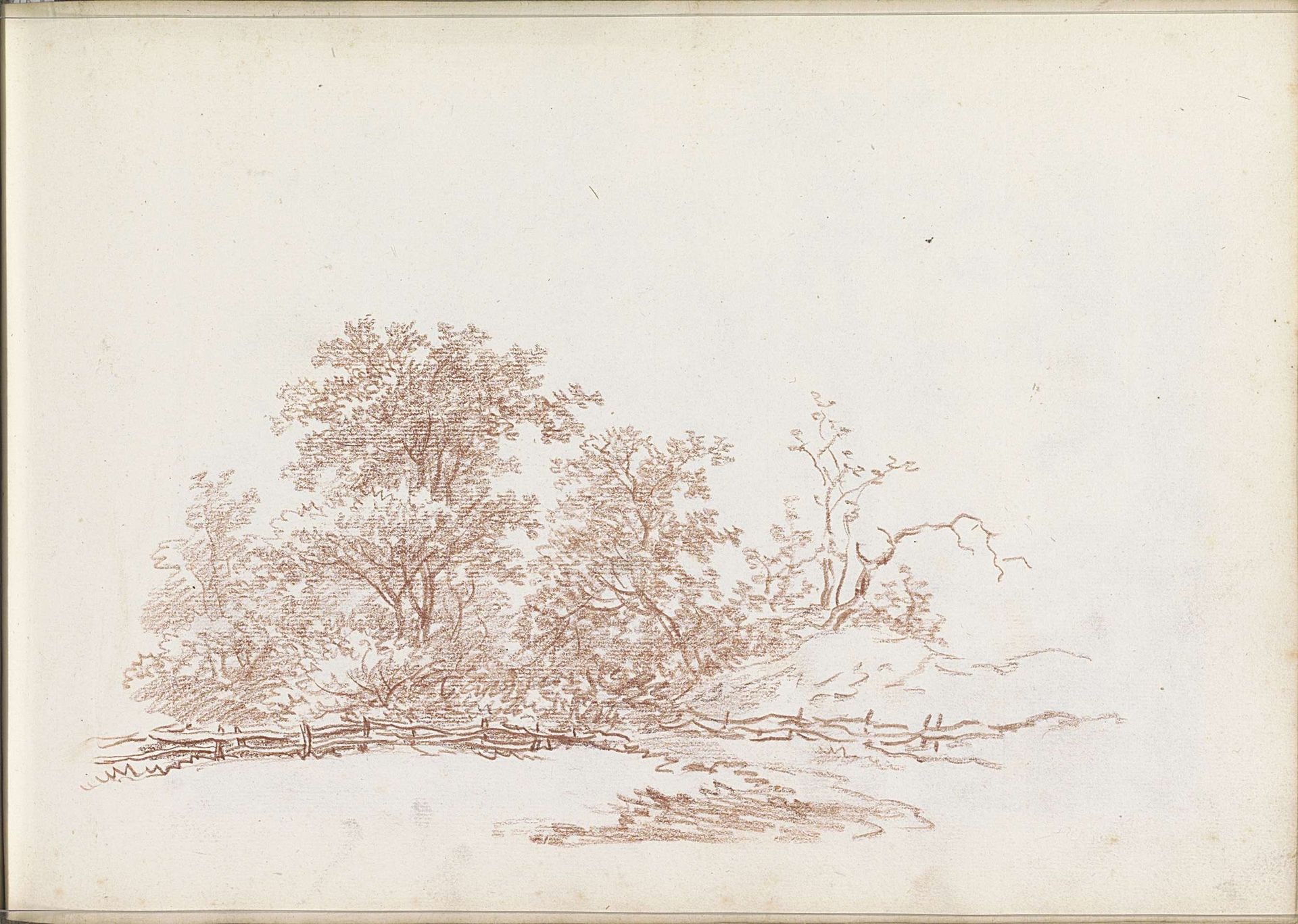 Omheind weiland naast een bomengroep by Andreas Schelfhout