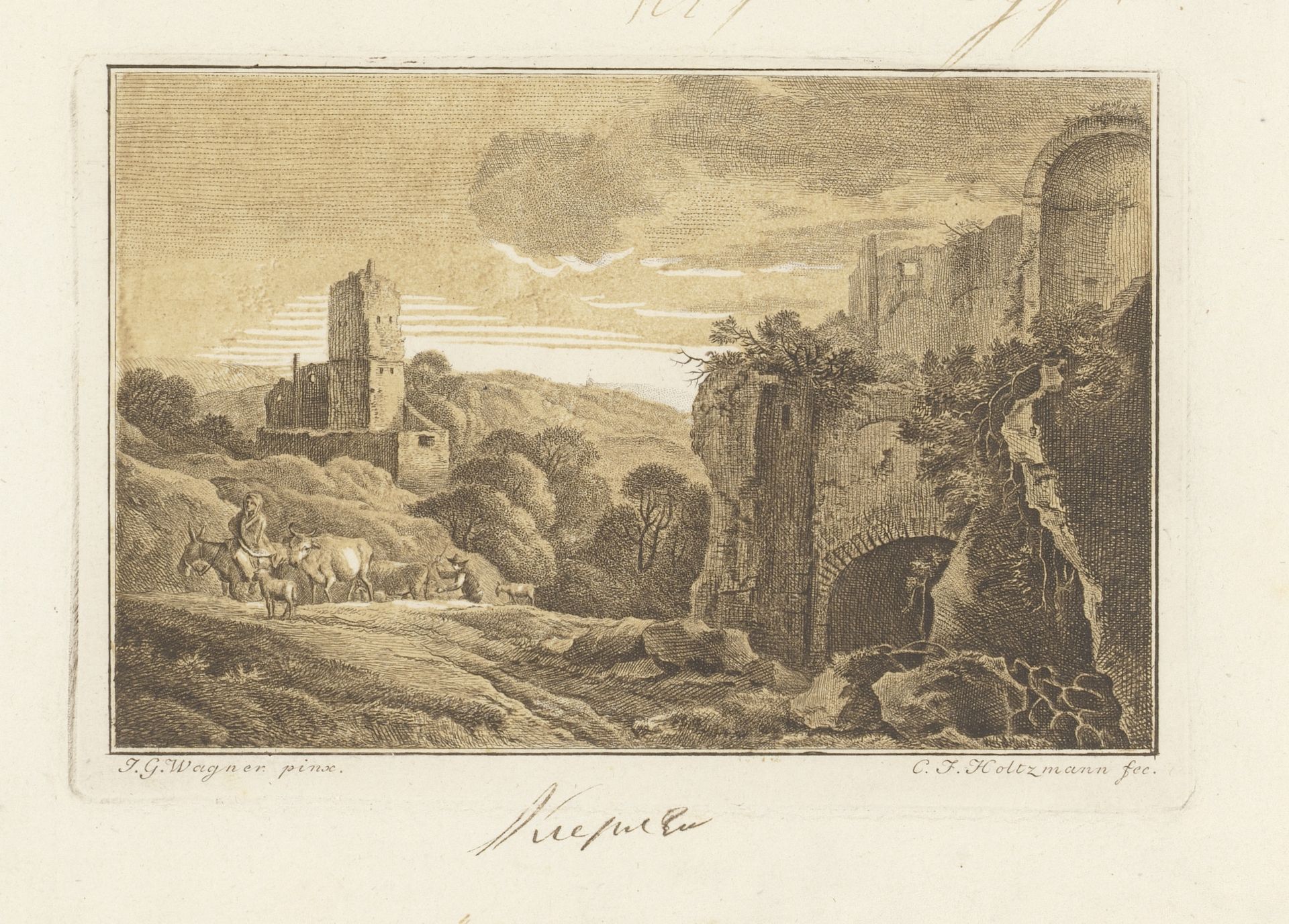Landschap met ruïnes en herder met vee by Carl Friedrich Holtzmann