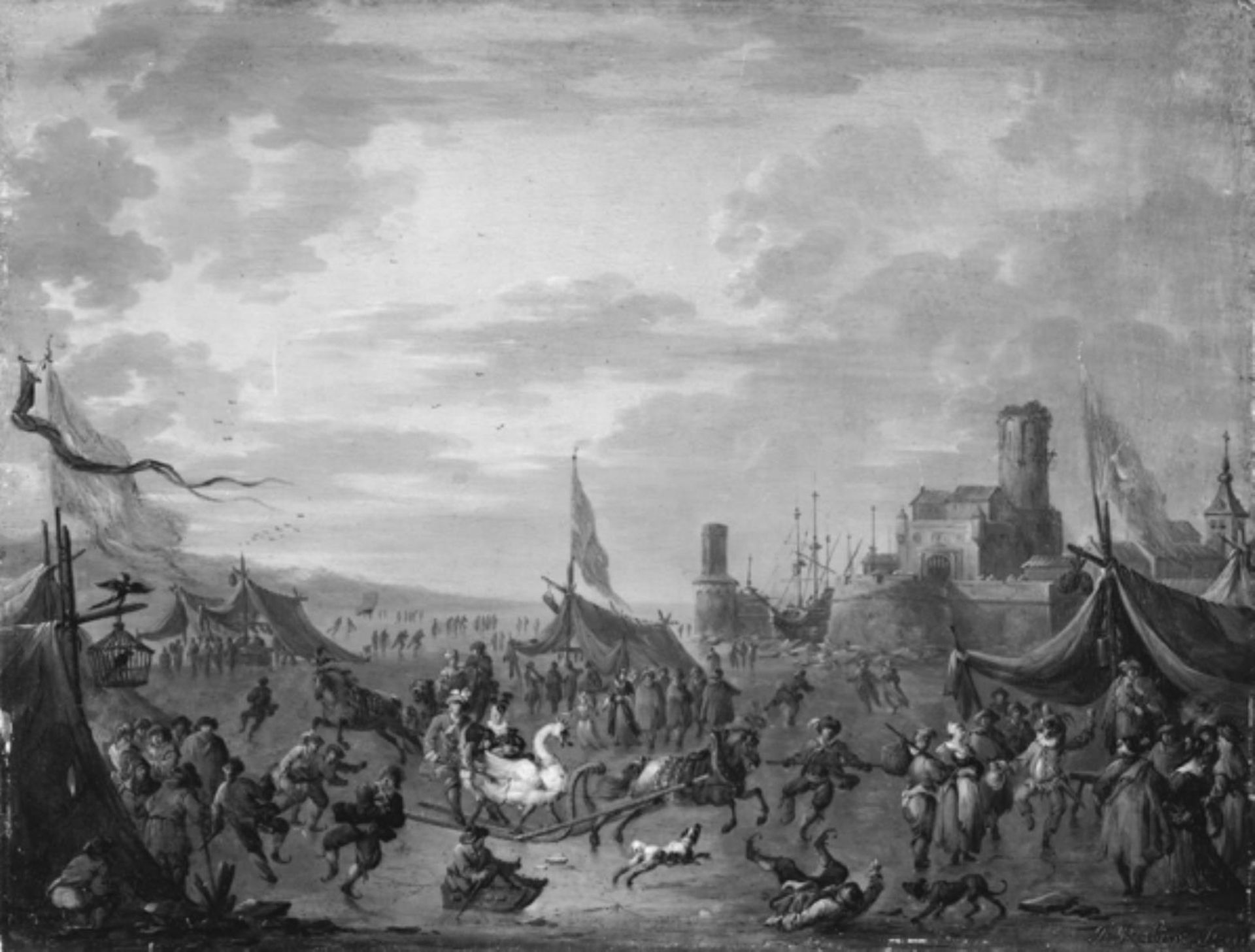 A Winter Scene with Sleigh-Riders and Skaters by Arnold Frans Rubens