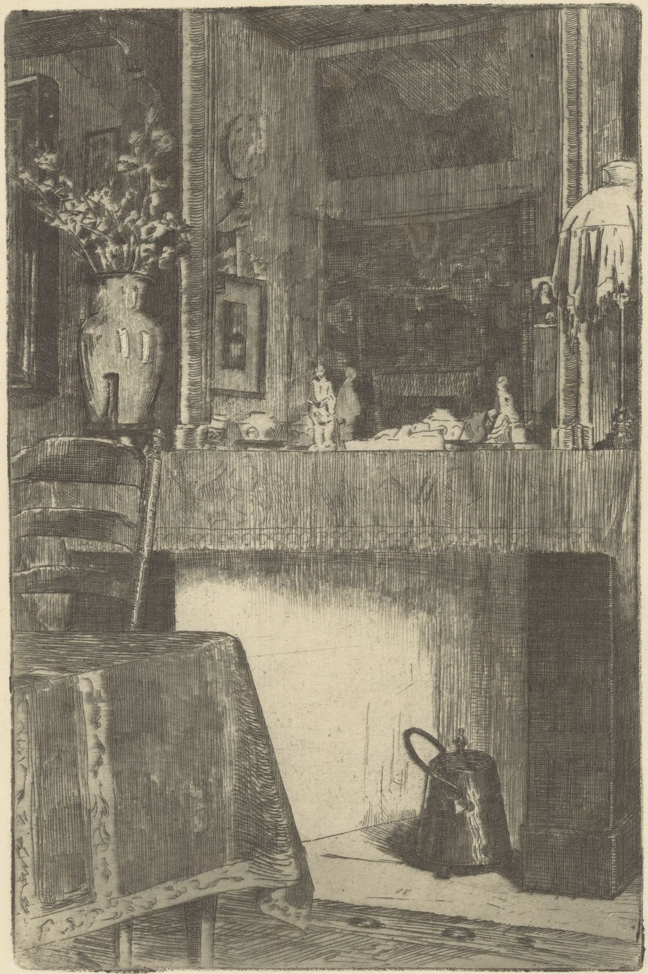 Interieur met spiegel boven een schoorsteenmantel by Willem Adrianus Grondhout