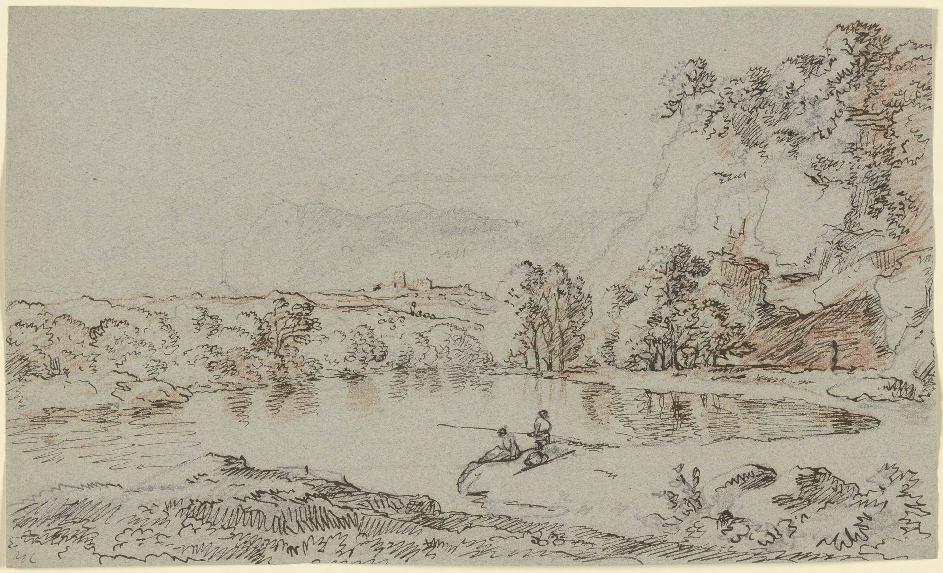 Landschaft mit zwei Anglern an einem See by Franz Kobell