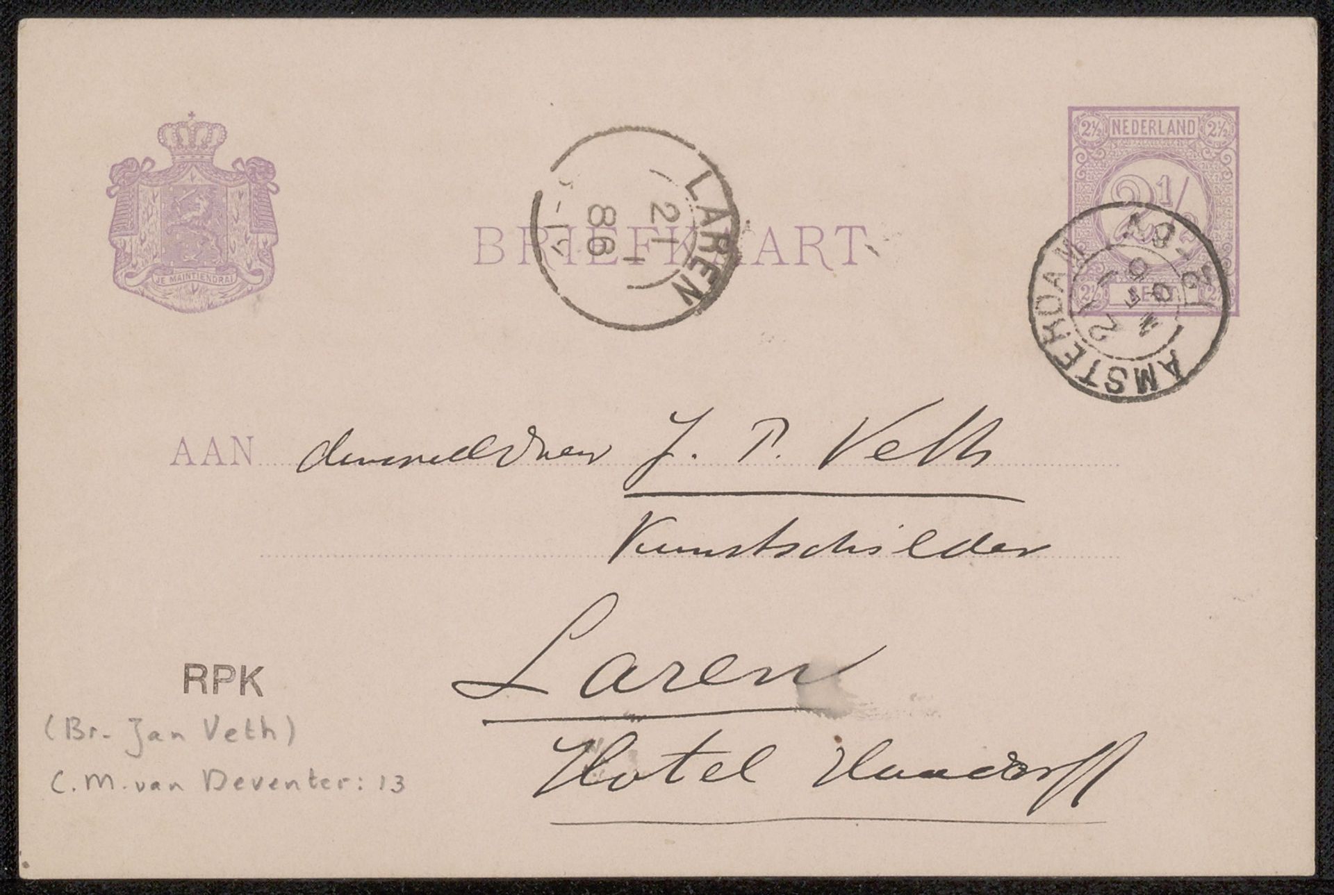 Briefkaart aan Jan Veth by Chap van Deventer
