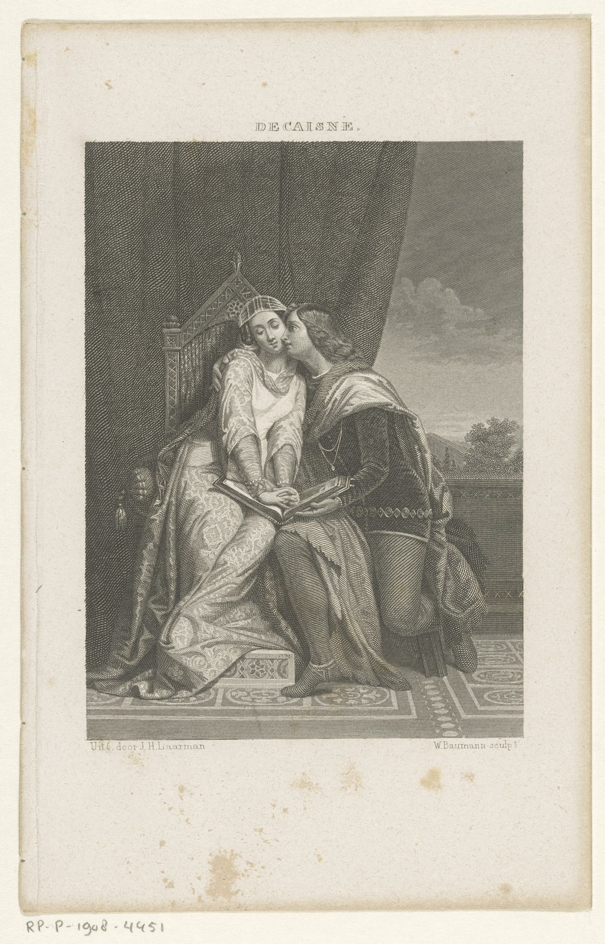 Vrouw op een troon, omhelsd door een man by Johann Wilhelm Baumann