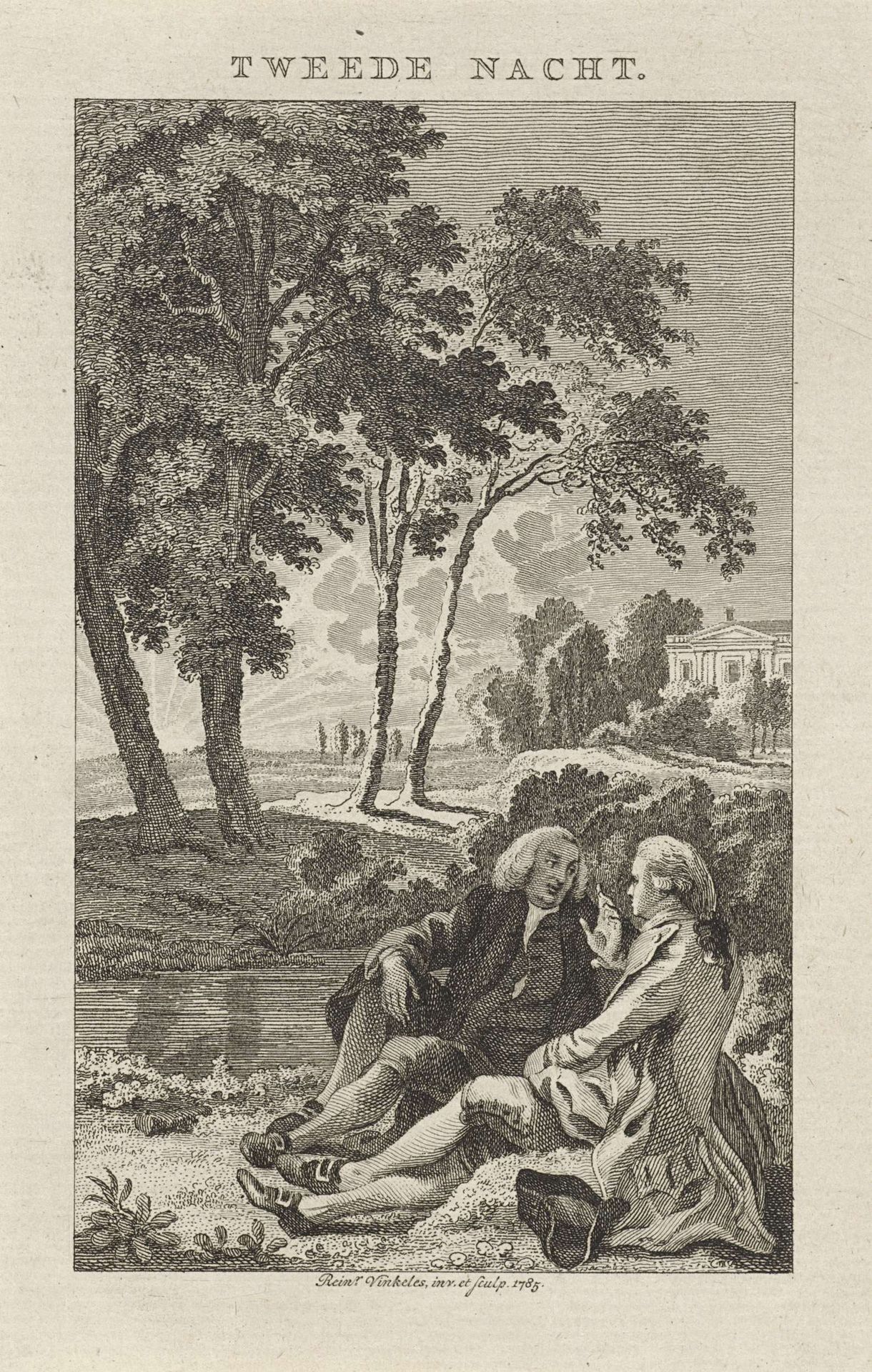 Twee mannen voeren een gesprek aan de waterkant by Reinier Vinkeles