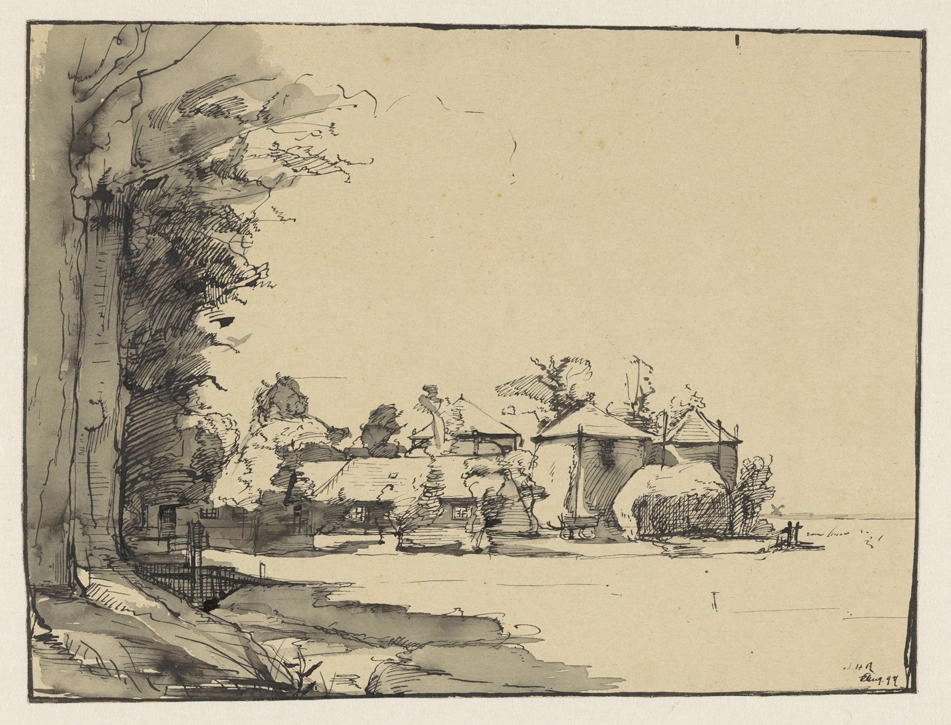 Studie van een boerderij met drie hooischelven by Monogrammist JHR