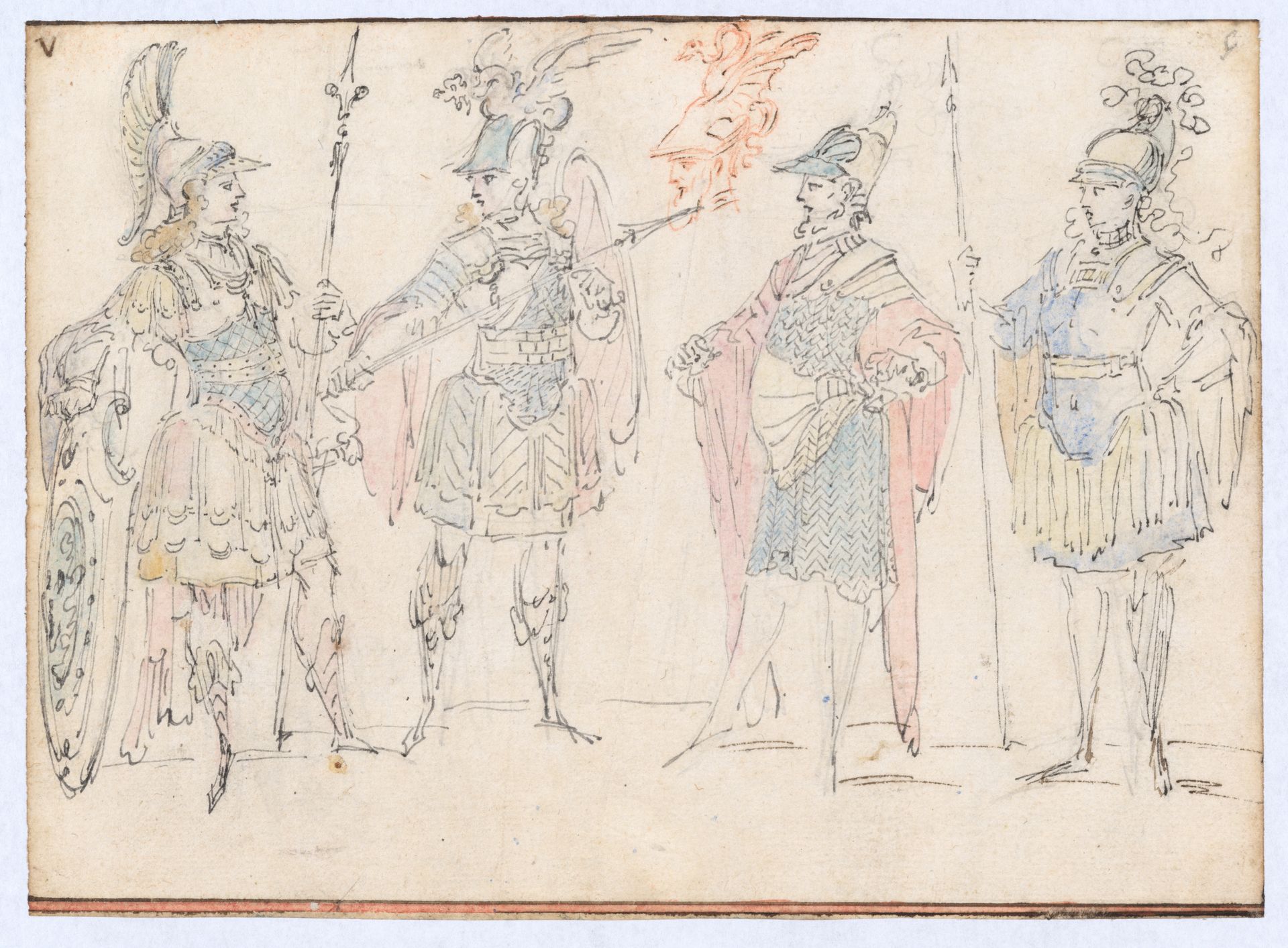 Four Actors in Heroic Costume, with a Study of a Helmeted Head by Claude Gillot