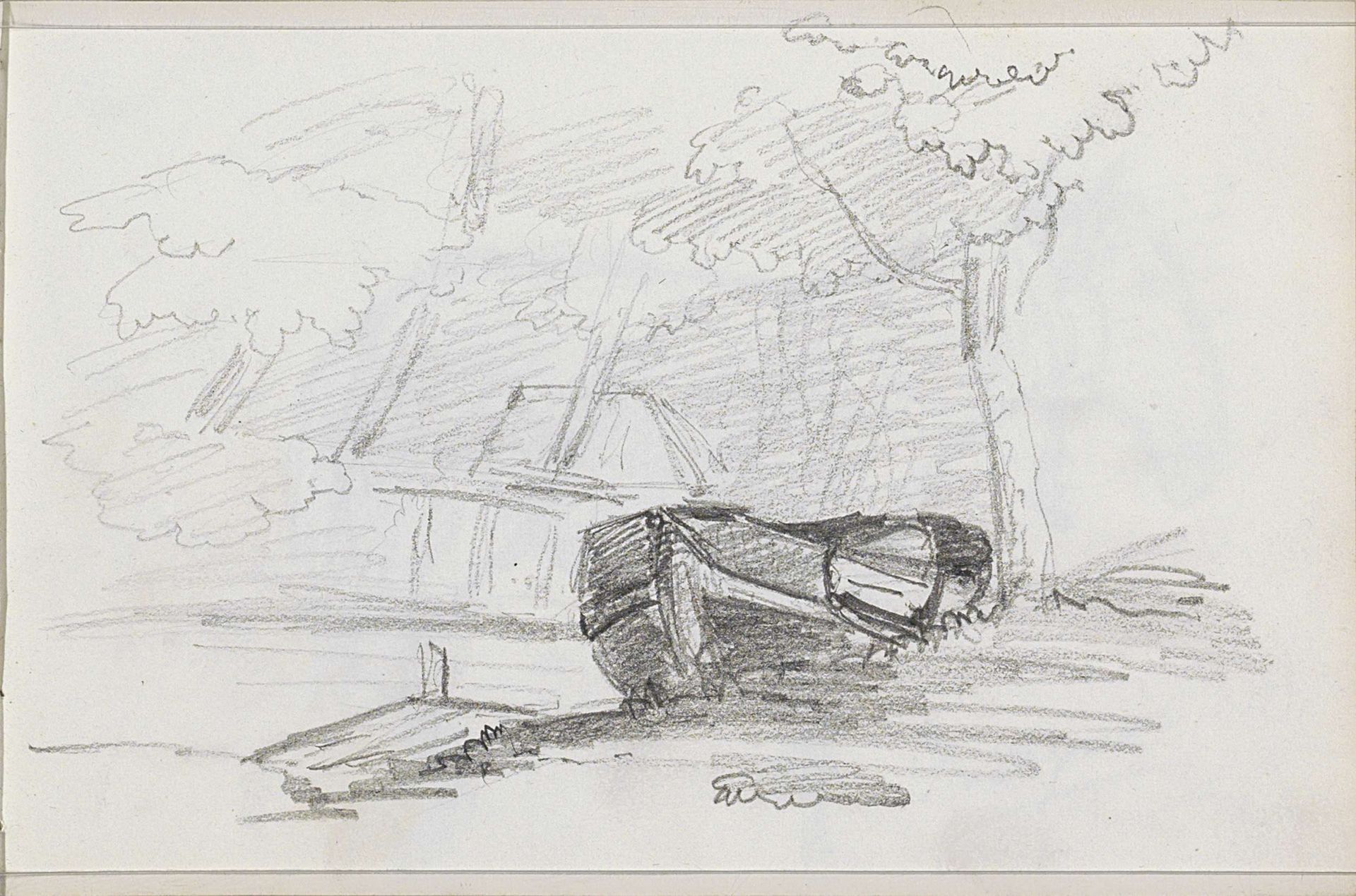 Roeiboot naast een boom bij een waterkant by Isaac Gosschalk