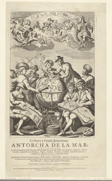 Figuren met kaarten bij een globe en nautische instrumenten